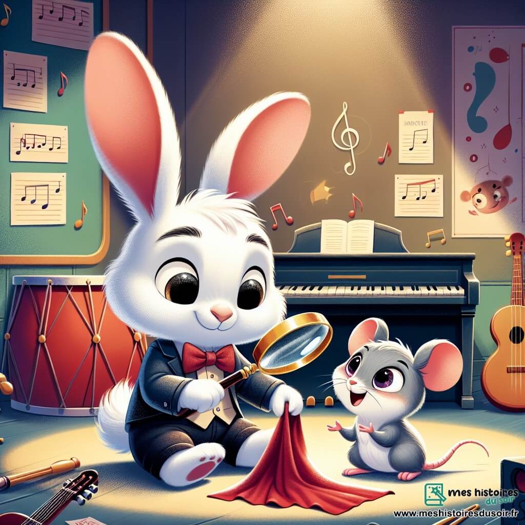 Léo, un petit lapin aux grandes oreilles et à la fourrure blanche, examine un morceau de tissu rouge avec une loupe, assis sur ses pattes arrière. À ses côtés, Mia, une petite souris grise aux grands yeux pétillants, observe avec enthousiasme. Ils se trouvent dans une salle de musique d'une école pour animaux, entourés d'instruments colorés et de posters de concerts. Léo et Mia sont en pleine enquête, prêts à résoudre le mystère du foulard rouge et du chapeau noir.