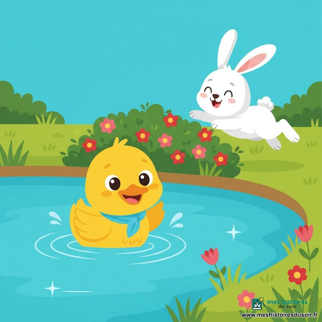 Un petit canard jaune vif au corps rond et sourire joyeux nage doucement en battant des ailes, portant un petit foulard bleu clair et laissant des ondulations circulaires ; à sa droite, un lapin blanc aux grandes oreilles, expression enthousiaste, saute au-dessus d’un buisson touffu vert parsemé de fleurs roses et rouges, le tout au bord d’un étang turquoise aux reflets simples, entouré d’herbe et de fleurs, ambiance lumineuse, ludique et colorée montrant entraide et joie.