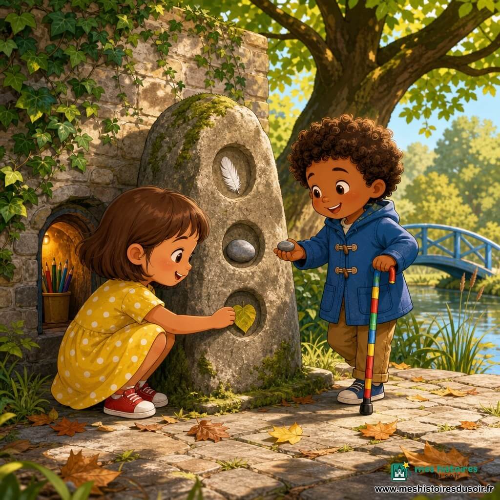Deux enfants de 5 ans, Lina (cheveux châtain clair courts, robe jaune à pois blancs, baskets rouges, accroupie à gauche) et Malo (cheveux bruns bouclés, petit manteau bleu, canne rayée, debout à droite tenant un galet et souriant), déposent chacun une plume, un galet et une feuille en forme de cœur dans les trois creux ronds d’une grosse pierre dressée rugueuse, au sol pavé couvert de feuilles devant un vieux mur de pierre tapissé de lierre; un grand tilleul projette une ombre douce, au loin on devine un petit pont en bois bleu et des roseaux d’étang; lumière d’après-midi dorée, couleurs chaudes et expressions joyeuses; une petite niche s’entrouvre derrière la pierre laissant échapper une lueur et révélant des crayons de couleur.