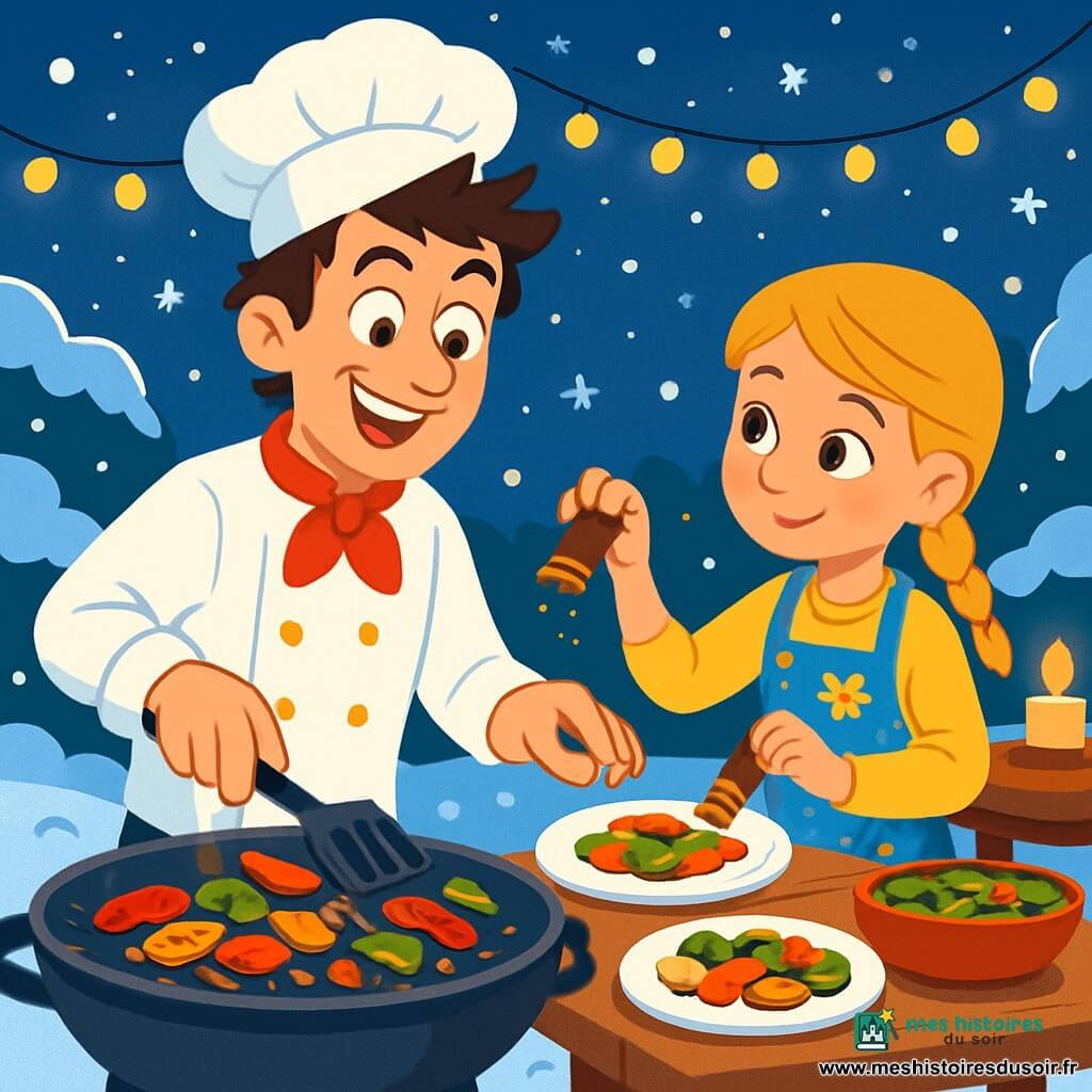 Un jeune chef cuisinier, Léo, une trentaine d'années, avec des cheveux bruns en désordre et une toque blanche légèrement inclinée, sourit en grillant des légumes colorés sur un barbecue en plein air. À ses côtés, Louisa, une fille de douze ans avec des cheveux blonds tressés et un tablier à fleurs, l'aide à préparer les assiettes, ajoutant des épices avec soin. Ils se trouvent dans un jardin enneigé, illuminé par des guirlandes de lumières, avec des flocons de neige tombant autour d'eux. Léo et Louisa cuisinent ensemble, transformant des légumes frais en un festin savoureux, tout en partageant des rires sous un ciel étoilé.