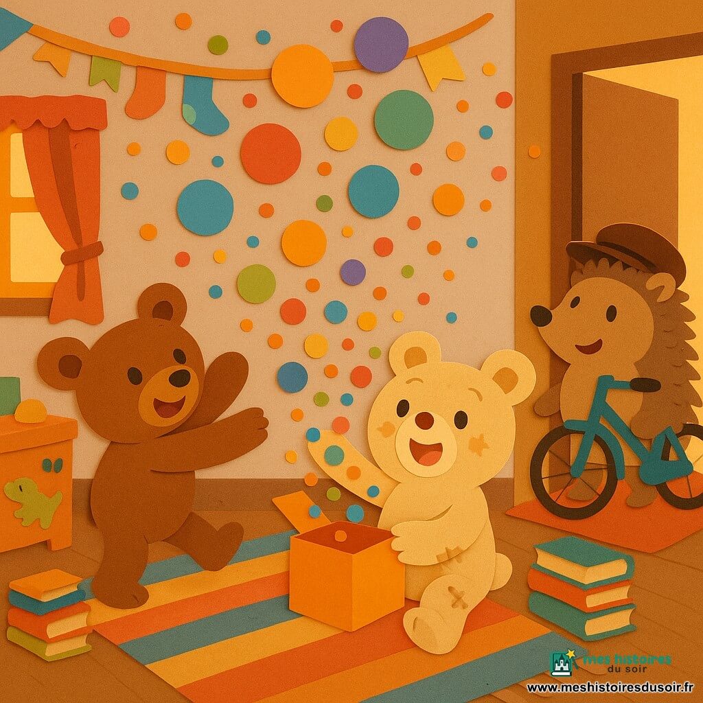 Biscotte, petit ours en peluche dodu au pelage beige et aux oreilles en forme de tartine, tient au centre une boîte ouverte d’où s’échappent des mots-bulles colorés (« RIRE », « zoup », « marmelune ») ; Caramel, son jumeau plus brun, se tient à gauche, bras tendus pour attraper un mot rebondissant, tandis que Monsieur Piquet, hérisson facteur souriant avec sa bicyclette, apparaît sur le paillasson de la porte entrouverte ; la chambre, en désordre charmant (tapis rayé, coffre à jouets, piles de livres, guirlande de chaussettes, rideaux à fanfreluches, bannière en papier), baigne dans une lumière chaude de fin d’après‑midi et présente textures superposées, couleurs vives, ombres douces et bords de papier déchiré, créant une scène festive et mouvementée.