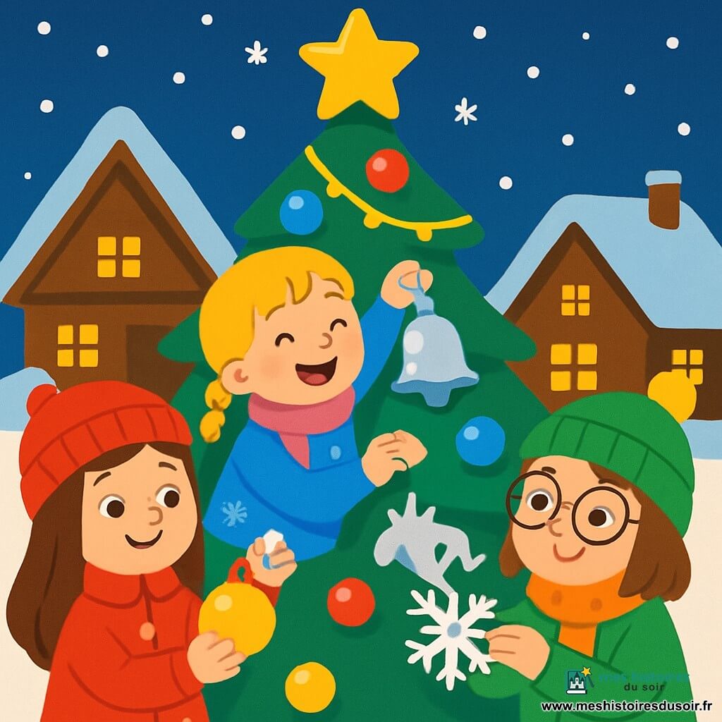 Il y a trois personnages : Emma, une fille de 8 ans aux longs cheveux bruns, portant un manteau rouge vif et tenant une boule de Noël ; Léa, une fille de 7 ans avec des cheveux blonds en tresses, portant un pull bleu et accrochée à une clochette argentée ; et Zoé, une fille de 9 ans avec des cheveux châtains et des lunettes, portant un manteau vert et pliant un flocon de neige en papier. L'action se déroule dans un village enneigé avec un grand sapin décoré, des maisons en bois illuminées et des flocons de neige tombant, créant une ambiance magique. Les trois amies décorent le sapin, entourées de rires, tandis que les villageois admirent les décorations et chantent des chansons de Noël.
