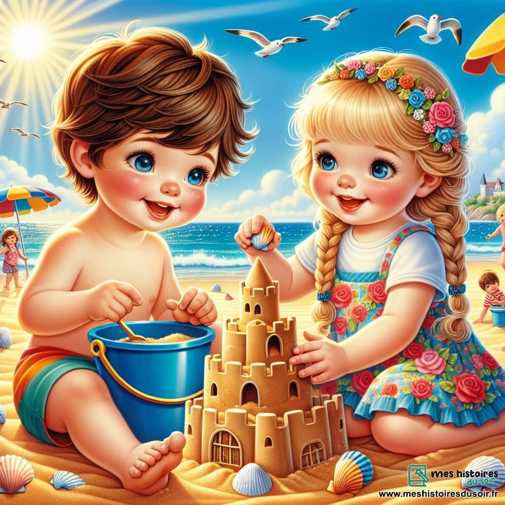Un petit garçon de 2 ans, Tommy, avec des cheveux bruns en bataille et des yeux pétillants, est assis sur le sable doré de la plage. Il sourit largement, tenant un seau bleu rempli de sable. À côté de lui, une petite fille de 3 ans, Lila, avec des cheveux blonds tressés et une robe à fleurs, ajoute des coquillages à leur château de sable. Le décor est une plage ensoleillée avec des vagues scintillantes, des parasols colorés et des mouettes dans le ciel. Ils construisent un château de sable, entouré de coquillages, partageant un moment de bonheur pur sous le soleil.