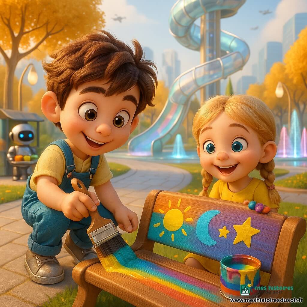 Léo, garçon de 6 ans aux cheveux bruns en bataille, accroupi et souriant, peint le dossier d'un banc en salopette bleue pendant qu'Emma, fille de 6 ans aux deux nattes blondes en robe jaune, tient un pot de peinture arc‑en‑ciel à ses côtés; derrière eux, un petit robot vendeur rond, des fontaines changeant de couleur, des arbres aux feuilles dorées, un grand toboggan tubulaire transparent en spirale et des immeubles futuristes en verre composent un parc lumineux et gai, rendu 3D aux couleurs saturées et textures lisses.