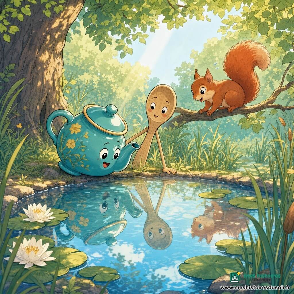 Une petite théière turquoise en céramique à fleurs jaunes, aux yeux peints sur le bec et au sourire émerveillé, penchée au bord d'une mare miroir; à ses côtés Clara, une cuillère en bois claire au sourire confiant, la rassure; Émile, un petit écureuil roux perché sur une branche proche, regarde heureux; la mare ronde est calme, avec nénuphars, herbes et arbres traversés de rayons dorés, ambiance douce aux couleurs pastel.