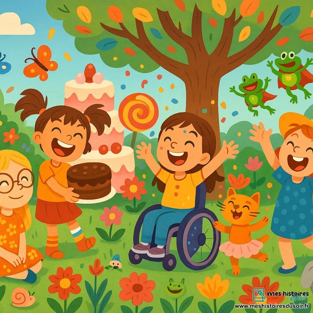 Quatre enfants sont réunis dans un grand jardin coloré : Clara, 8 ans, avec des cheveux blonds et des lunettes, est assise sur l'herbe entourée de papillons. Léa, 7 ans, rit en tenant un gâteau au chocolat. Emma, 9 ans, sourit dans son fauteuil roulant, entourée de confettis. Zoé, 8 ans, rit les bras levés à côté d'un éléphant en tutu. Elles font apparaître des gâteaux et des friandises magiques grâce à leur rire, tandis qu'un chat en tutu et des grenouilles super-héros participent à la fête.