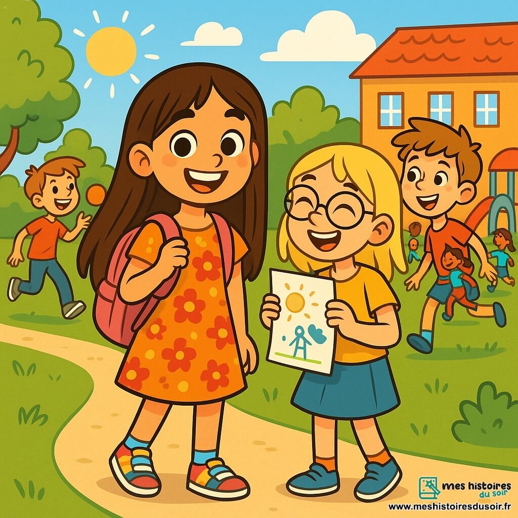 Lila, une fille de 10 ans aux longs cheveux bruns et aux yeux pétillants, sourit joyeusement en tenant son sac d'école rose. Elle porte une robe à fleurs et des baskets colorées, entourée de ses amis sur le chemin de l'école. Elsa, avec ses cheveux blonds et ses lunettes rondes, rit en montrant un dessin. Plus loin, Tom, un garçon châtain aux taches de rousseur, joue avec une balle. La cour d'école est ensoleillée, avec des arbres et des jeux colorés. Les enfants rient et courent, créant une atmosphère joyeuse, tandis que Lila et ses amis partagent des histoires, prêts pour une nouvelle année scolaire pleine d'aventures.