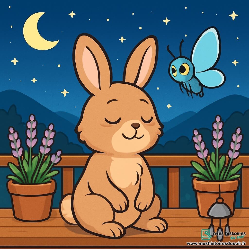 Un jeune lapin aux grandes oreilles, au pelage brun clair, est assis sur un balcon en bois, regardant le ciel étoilé avec un léger sourire. À ses côtés, une petite noctuelle aux ailes bleu clair flotte doucement, l'observant avec bienveillance. Le balcon est décoré de pots de lavande aux fleurs violettes et des clochettes en métal tintent dans la brise. En arrière-plan, la vallée s'étend sous un ciel étoilé, créant une atmosphère de paix et de magie.