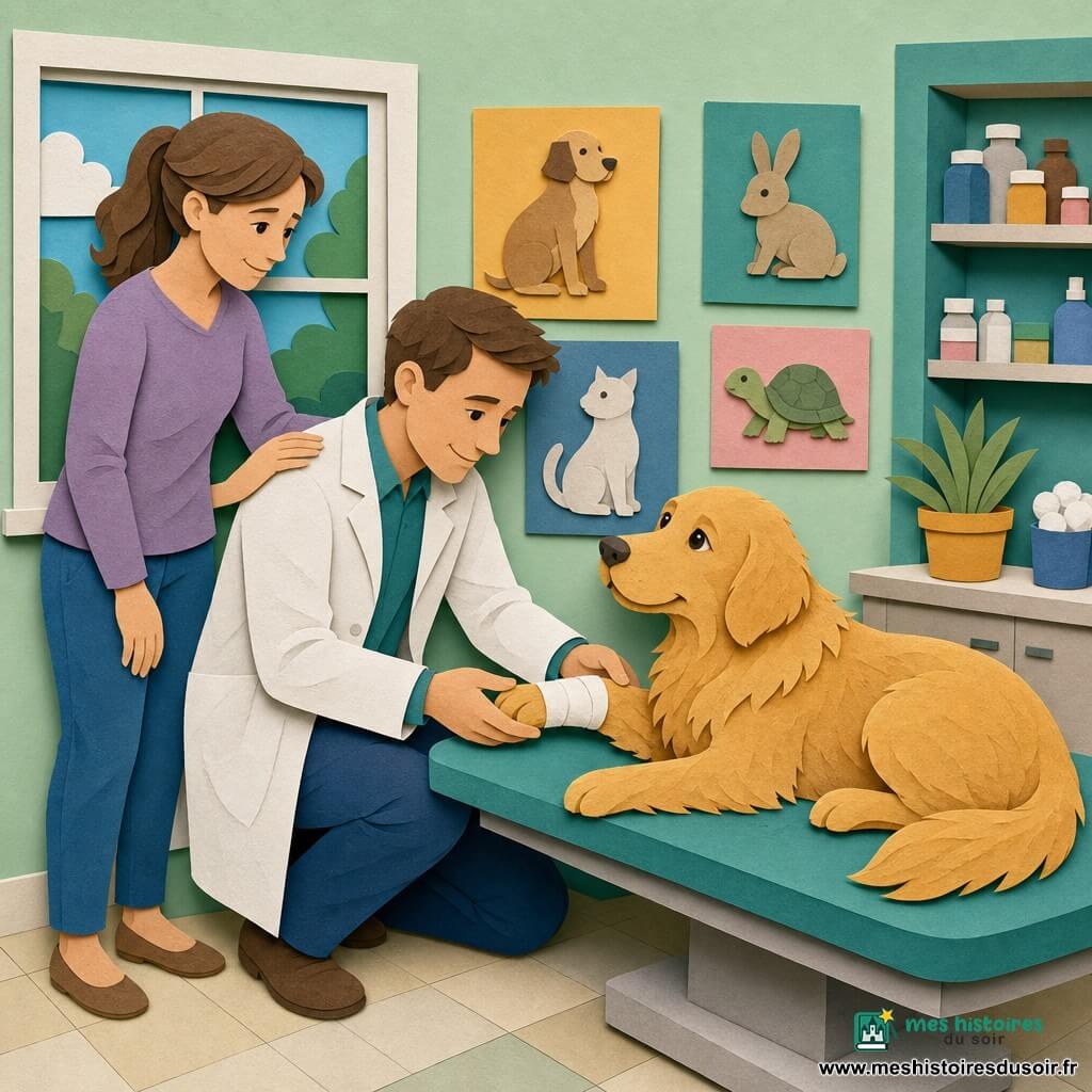 Maxime, vétérinaire souriant aux cheveux châtains courts et blouse légèrement froissée, s'agenouille pour tenir doucement la patte d'un golden retriever nommé Lucky, couché sur la table d'examen avec une petite bande blanche, tandis qu'une cliente d'environ 35 ans, cheveux bruns en queue de cheval, pose une main rassurante sur son épaule; la clinique lumineuse aux murs menthe, grandes fenêtres et affiches d'animaux crée une ambiance chaleureuse et rassurante.