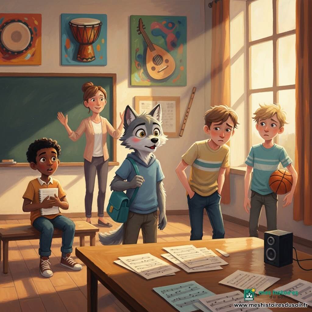 Léo, petit loup anthropomorphe d’environ 11 ans au pelage gris et aux yeux noisette, timide mais déterminé, bouche entrouverte et sac d’école bleu-vert sur l’épaule, se tient face à Tom et Hugo pour défendre Amir ; Amir, garçon d’origine nord-africaine à la peau brune et aux yeux très foncés, est assis sur un banc, serrant un cahier, surpris et soulagé ; Tom, garçon à peau claire et cheveux châtains, regarde coupable et embarrassé, mains dans les poches, légèrement en retrait ; Hugo, garçon pâle aux cheveux blonds en bataille, confus, tient un ballon de basket à côté de Tom ; Mme Delaunay, enseignante aux cheveux châtain clair, sourit doucement et tente d’apaiser la classe près du tableau ; la scène se déroule dans la salle de musique du collège, murs décorés de photos d’instruments (djembé, oud, flûte), table en bois verni, feuilles multicolores éparpillées, petite enceinte noire, lumière chaude de fin de journée traversant la pièce en rectangles ; composition centrée sur Léo, expressions lisibles, couleurs chaudes et contrastées, texture acrylique épaisse et vibrante, ambiance tendue mais apaisante.