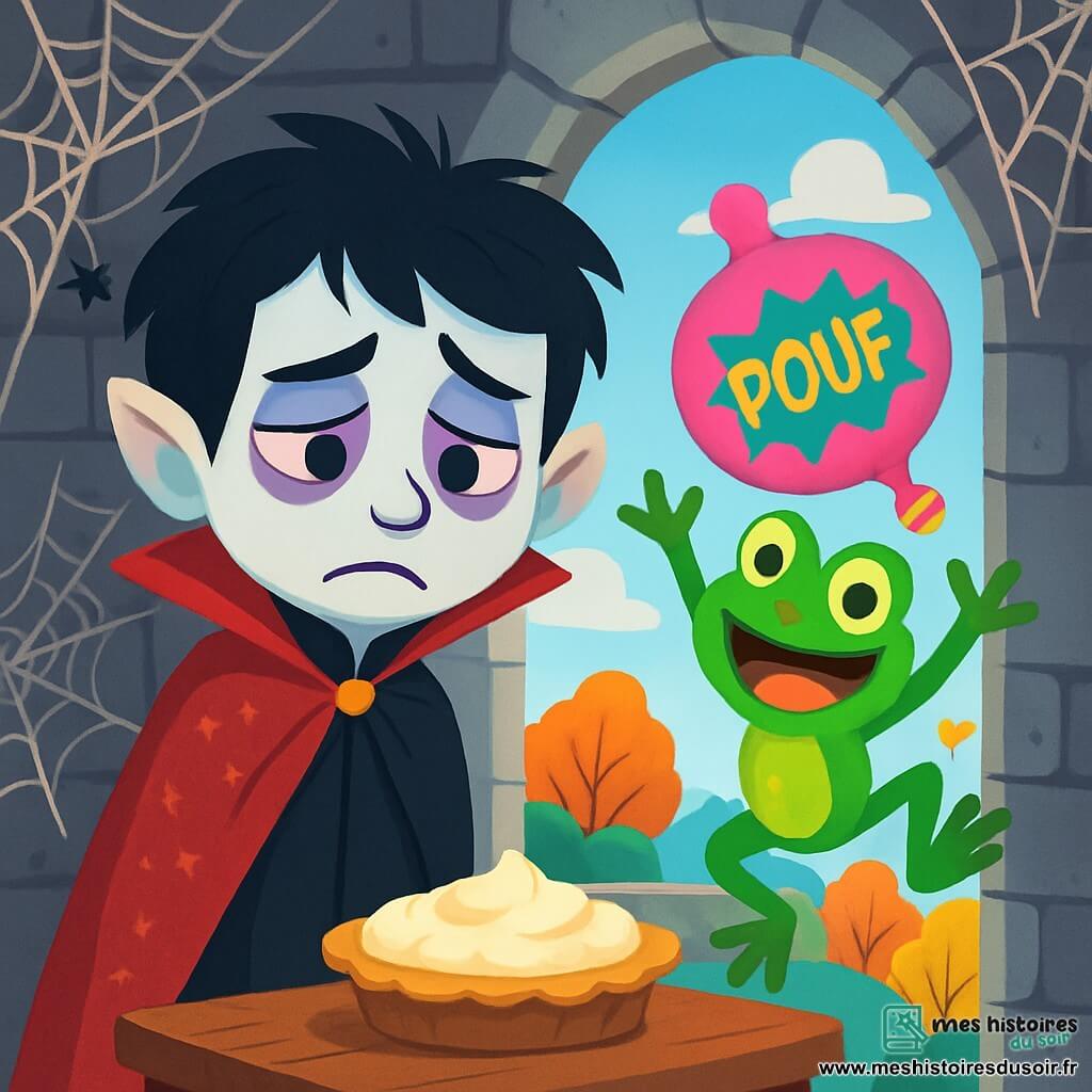 Un vampire triste nommé Vlad, avec des cheveux noirs en bataille et une cape rouge scintillante, se tient dans une tour en pierre entourée de toiles d'araignées. Ses yeux violets expriment de la mélancolie alors qu'il fixe une tarte à la crème sur une table en bois. À ses côtés, Bidouille, une grenouille verte joyeuse avec de grands yeux et un sourire, saute en brandissant un coussin péteur coloré, prêt à faire rire Vlad. La tour est située au sommet d'une colline, entourée d'arbres aux feuilles multicolores sous un ciel bleu parsemé de nuages en forme de bonbons. Bidouille essaie de redonner le sourire à Vlad avec une farce, tandis que la tarte à la crème attend d'être le début d'une grande rigolade.