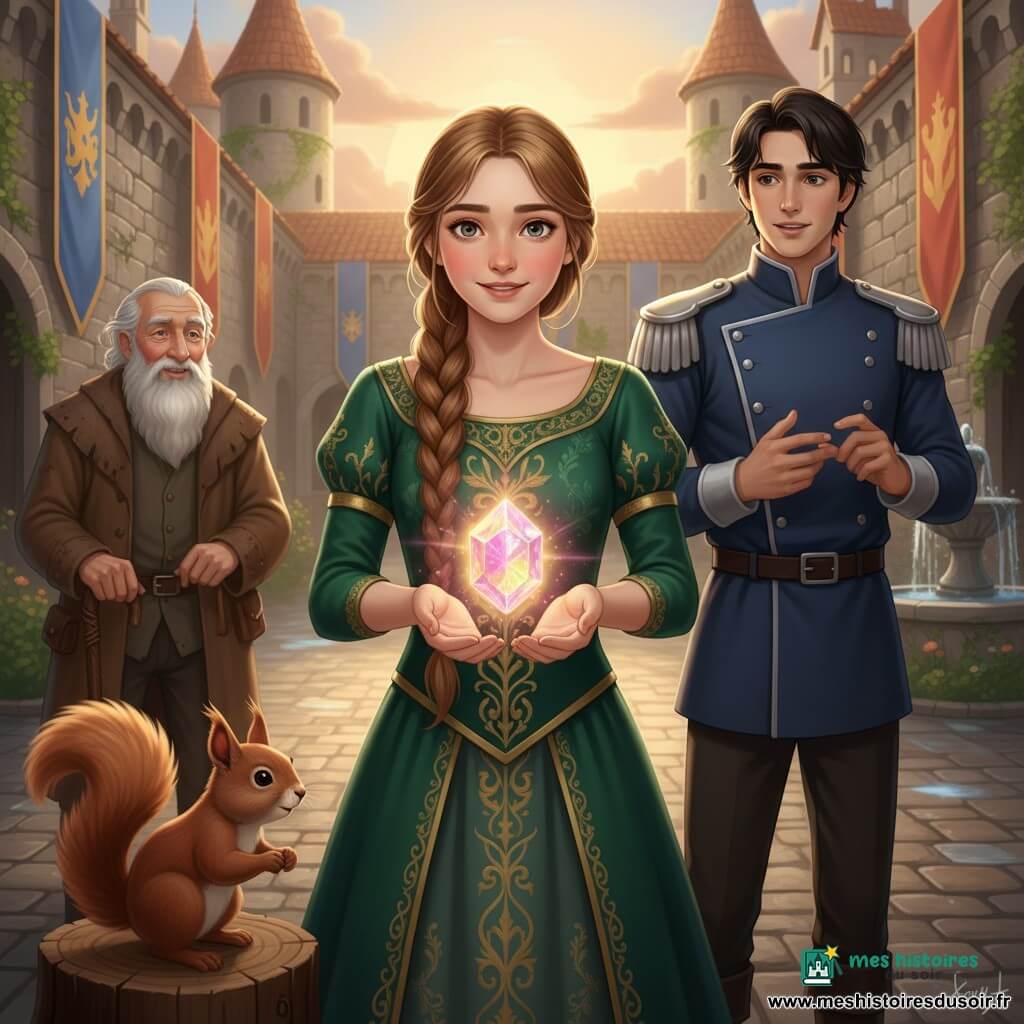 La princesse Éowyn, visage lumineux et déterminé, cheveux châtain clair tressés, en robe vert velours brodée d'or, tend une pierre précieuse iridescente émettant un halo rose et doré en souriant sereinement; le prince d'environ 18 ans, cheveux noirs courts, en tenue bleu marine à épaulettes argentées, se tient légèrement à sa droite, regard émerveillé et main levée pour saisir la pierre; un gardien âgé (~70 ans) à barbe blanche, manteau brun usé et canne sculptée observe en retrait à gauche avec un sourire bienveillant; un petit écureuil roux perché sur une souche au premier plan regarde la pierre; lieu : cour du château au lever du soleil, pavés humides, grandes bannières flottantes, murs de pierre couverts de lierre et fontaine en arrière-plan, lumière dorée perçant une légère brume; situation : la princesse offre la pierre magique au prince pour ramener la magie au royaume, ambiance épique et douce, couleurs chaudes, contrastes marqués, composition centrée sur les mains et l'éclat de la pierre.