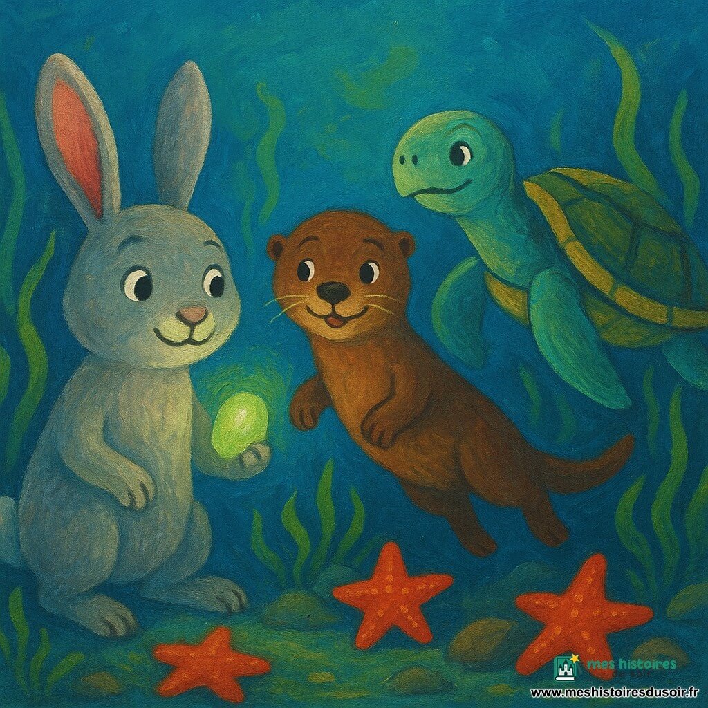 Un lapin gris nommé Lino, avec des yeux curieux et un léger sourire, tient un galet-lueur brillant dans sa patte, éclairant les environs sous-marins. À côté de lui, une loutre de mer espiègle nommée Mima, avec un regard malicieux, flotte joyeusement, surveillant le courant. Un peu plus loin, une tortue marine majestueuse nommée Pavo, au regard sage, guide le groupe avec sa carapace lisse et rayée. Ils se trouvent dans un jardin sous-marin enchanteur, rempli d'algues dansantes et d'étoiles de mer rouges reposant sur des pierres. La lumière verte du galet-lueur illumine doucement l'eau claire, créant une atmosphère magique et sereine.