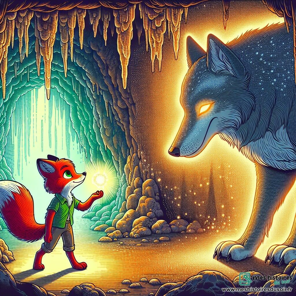 Un renard au pelage roux et aux yeux verts se tient au centre d'une caverne illuminée par une plume magique. Son expression est déterminée et bienveillante, tandis qu'il tend la plume vers un grand loup au pelage gris sombre, dont les yeux reflètent tristesse et hésitation. La caverne, ornée de stalactites scintillantes, est baignée d'une douce lumière dorée, créant une atmosphère chaleureuse. Cette scène montre le renard et le loup dans un moment de compréhension et de rédemption, symbolisant une amitié naissante.