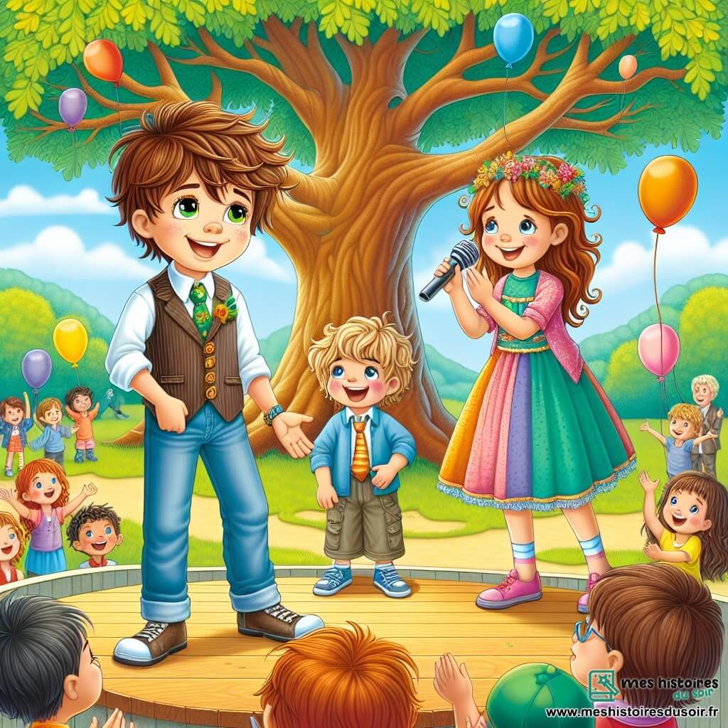 Au centre de l'image, Sam, un garçon de 10 ans avec des cheveux bruns en bataille et un sourire éclatant, se tient sur une petite scène en bois, prêt à chanter. À sa gauche, Lucas, un garçon de 9 ans aux cheveux blonds, danse joyeusement en tapant des mains. À sa droite, Mia, une fille de 9 ans avec de longs cheveux châtains et une robe colorée, sourit et encourage Sam. Le décor est un grand chêne majestueux sous le soleil, avec des ballons colorés flottant dans le ciel bleu. Des enfants et des adultes applaudissent autour de la scène, leurs visages rayonnants de joie. La scène montre Sam chantant avec confiance, entouré de ses amis, illustrant la confiance en soi et l'amitié.