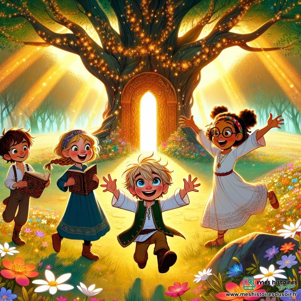 Dans une clairière enchantée, quatre amis se tiennent ensemble, entourés de fleurs brillantes. Camille, 8 ans, sourit en tenant un livre ancien. Lila, 7 ans, danse autour de lui, pleine d'énergie. Malik, 9 ans, observe les fleurs avec émerveillement, assis sur une pierre. Zoé, 8 ans, se tient près d'un grand arbre, affichant une expression de sagesse. La clairière est baignée de lumière dorée, créant une ambiance magique. Les enfants découvrent une porte secrète au pied de l'arbre, symbolisant leur quête d'amitié et de sagesse, prêts à entrer dans un monde de découvertes et de rires.
