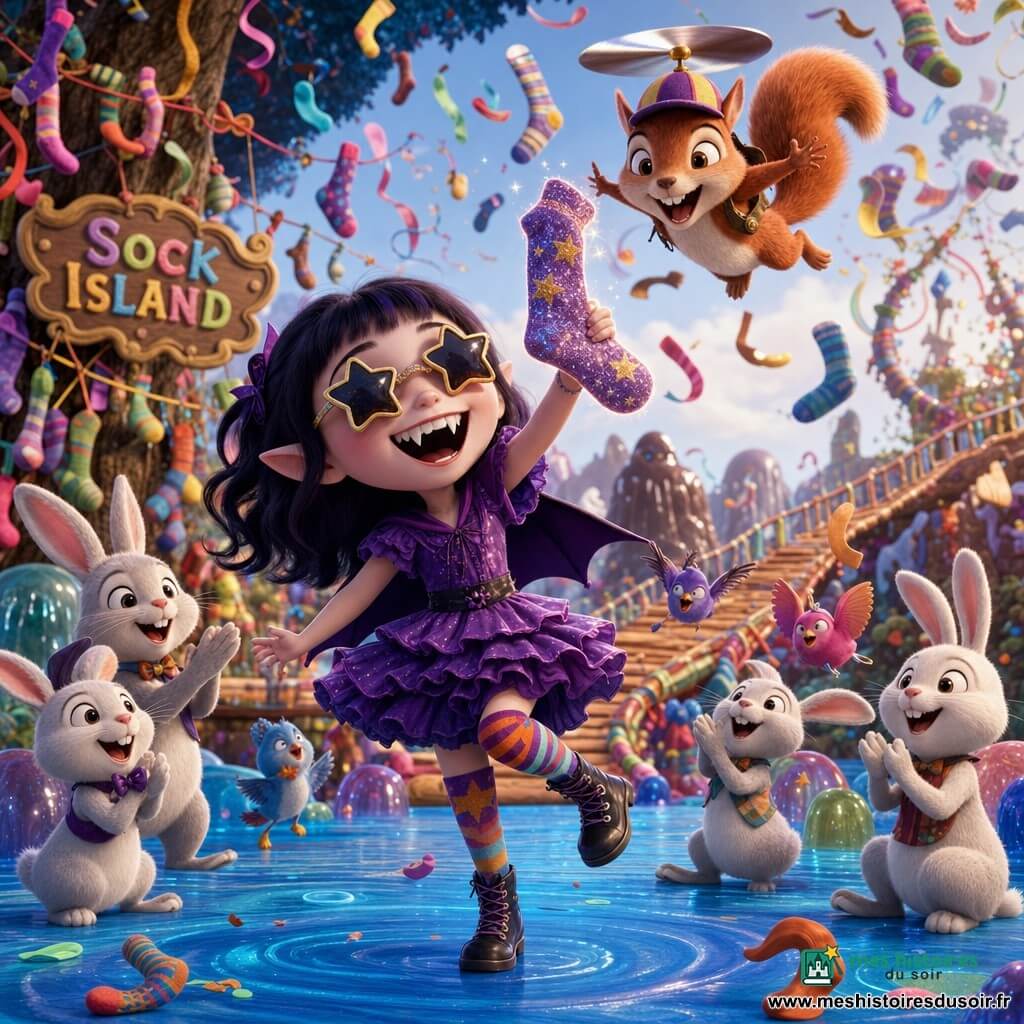Violette, petite vampire joyeuse et malicieuse, sourit en montrant ses dents pointues ; elle porte des lunettes d'étoiles, une robe violette à volants, des chaussettes dépareillées et tient une chaussette brillante qui scintille tandis que Zigoto, un écureuil espiègle à fourrure rousse et casquette à hélice, virevolte au-dessus d'elle ; autour, lapins blancs et oiseaux multicolores dansent sur l'île des chaussettes — arbres couverts de chaussettes, sol de gelée bleue, pont en nouilles et collines de chocolat — où la chaussette magique déclenche une danse carnavalesque de chaussettes tournantes, rubans colorés et ambiance chaleureuse aux couleurs vives et textures brillantes, la composition centrée sur Violette et la chaussette scintillante.