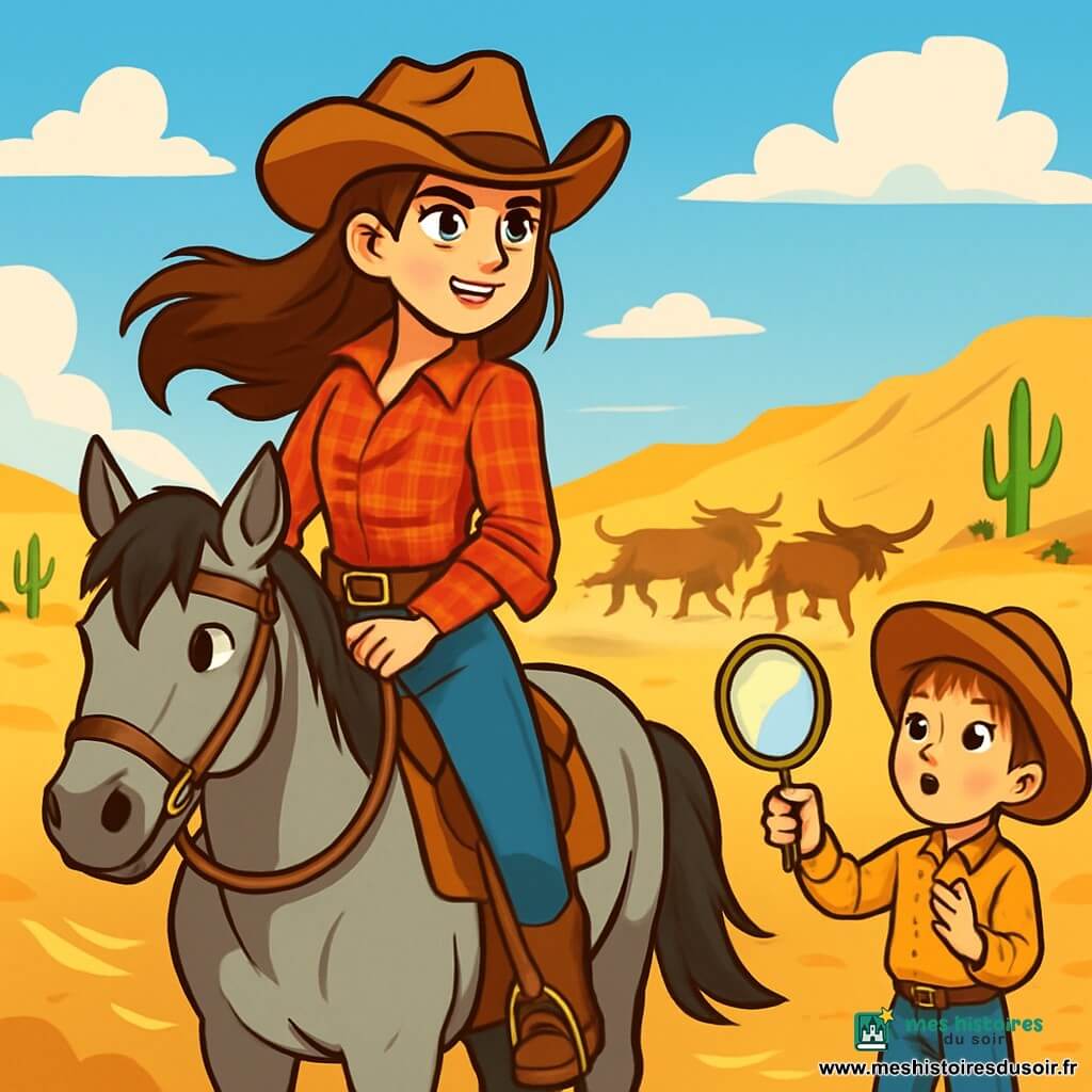 Une jeune cow-girl nommée Iris, âgée d'environ 16 ans, se tient sur son cheval gris, Zéphyr. Elle a de longs cheveux bruns, porte un chapeau de cowboy en cuir et une chemise à carreaux rouge. Son visage montre une détermination courageuse. À ses côtés, Eli, un garçon de 10 ans aux bottes trop grandes, la regarde avec admiration, tenant un miroir pour signaler un danger. En arrière-plan, un paysage désertique avec des collines dorées et des cactus s'étend sous un ciel bleu. Iris et Eli observent un troupeau de longhorns s'éloigner, tandis qu'un vent léger soulève la poussière, créant une ambiance d'aventure.