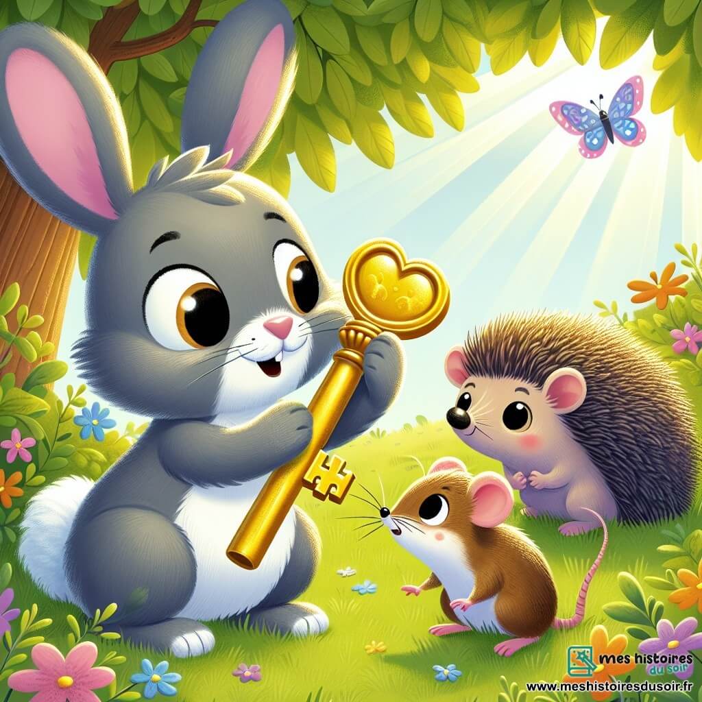 Illustration d'un petit lapin gris souriant, tenant une clé dorée dans ses pattes, aux yeux écarquillés d'excitation. À ses côtés, une petite souris brune émerveillée regarde la clé, assise sur l'herbe. Un hérisson intrigué les observe, les pattes croisées. Le jardin ensoleillé est rempli de fleurs colorées, avec un buisson en arrière-plan et des rayons de soleil créant des ombres. Les trois amis découvrent la clé magique, entourés d'une atmosphère joyeuse, tandis que des papillons volent autour d'eux. Le ciel est bleu avec des nuages blancs et un chemin de terre serpente à travers le jardin.
