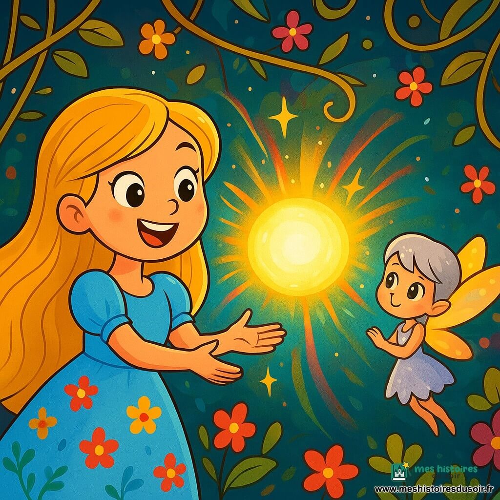 Eléa est une jeune femme aux longs cheveux dorés et à la robe bleu ciel ornée de fleurs colorées. Elle exprime une détermination joyeuse, avec un sourire éclatant et des yeux pétillants d'espoir, se tenant devant une sphère lumineuse flottante, prête à libérer la magie. À ses côtés, Lumen, une petite créature féerique aux ailes chatoyantes, admire Eléa. La scène se déroule dans une salle enchantée, illuminée par la sphère qui émet des couleurs vives. Ensemble, Eléa et Lumen libèrent la magie, provoquant un tourbillon de lumière et de couleurs qui repousse les ombres et ravive la beauté de leur monde féerique.