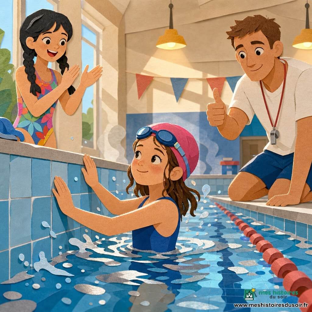 Lina, 10 ans, cheveux bruns mi-longs légèrement ondulés, bonnet de bain rose, maillot bleu, lunettes de piscine sur le front, visage soulagé et fier, sourire timide, bras tendus touchant le carrelage après avoir traversé la piscine ; à gauche Nour, 10 ans, cheveux noirs en deux tresses, maillot coloré, debout au bord, mains en l’air applaudissant, expression joyeuse et encourageante ; à droite Hugo, maître-nageur d’environ 35 ans, peau claire, cheveux courts, sifflet au cou, pouce levé, posture attentive et bienveillante ; lieu : piscine intérieure lumineuse avec grands carreaux bleus, lignes d’eau noires, plots rouges, reflets argentés sur l’eau, légère vapeur et lampes chaudes ; ambiance : vue latérale rapprochée, bulles et éclaboussures autour de Lina, réactions joyeuses au bord, atmosphère triomphante et douce, couleurs vives et textures papier découpé aux ombres simples.
