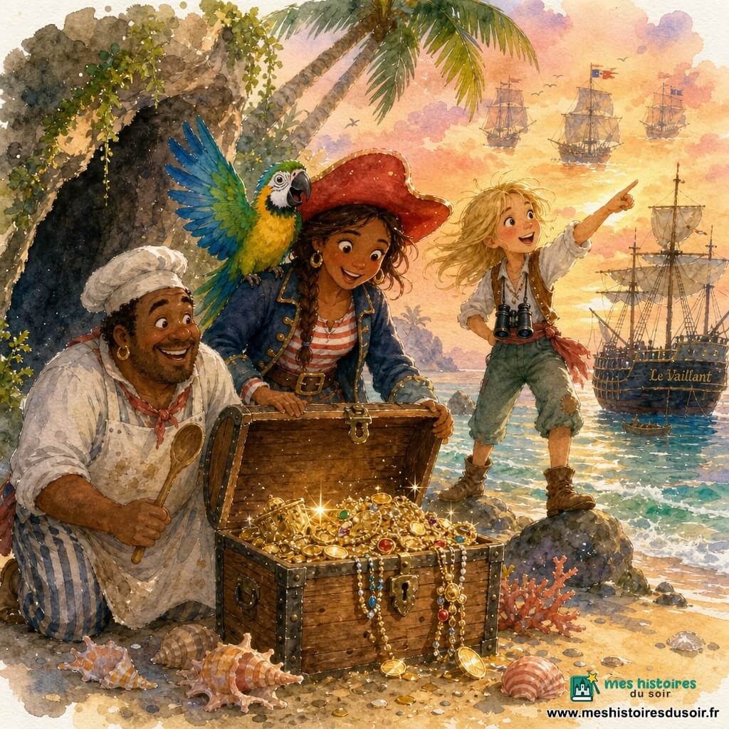La capitaine Lila, au centre, émerveillée et souriante avec un grand chapeau rouge à large bord, tresse brune, veste bleu marine et chemise rayée, ouvre un coffre ancien en bois rempli de pièces d’or et de colliers scintillants ; Coco le perroquet coloré est perché sur son épaule ; à gauche Pierre le cuisinier, costaud d’environ 40 ans, en tablier taché tenant une cuillère en bois, sourit en s’agenouillant ; à droite Zoé la vigie, adolescente blonde d’environ 16 ans, jumelles au cou, debout sur un rocher et pointant des frégates au loin ; à l’arrière-plan le bateau Le Vaillant est ancré près du rivage ; la plage de sable fin est parsemée de coquillages et de corail, une grotte ombragée se trouve derrière le coffre et des palmiers penchent au-dessus de petites vagues transparentes qui brillent au coucher de soleil ; lumière chaude orange-rose avec reflets dorés sur les pièces, style aquarelle doux aux bords légèrement flous, couleurs vives mais pastel, texture papier et accents scintillants.