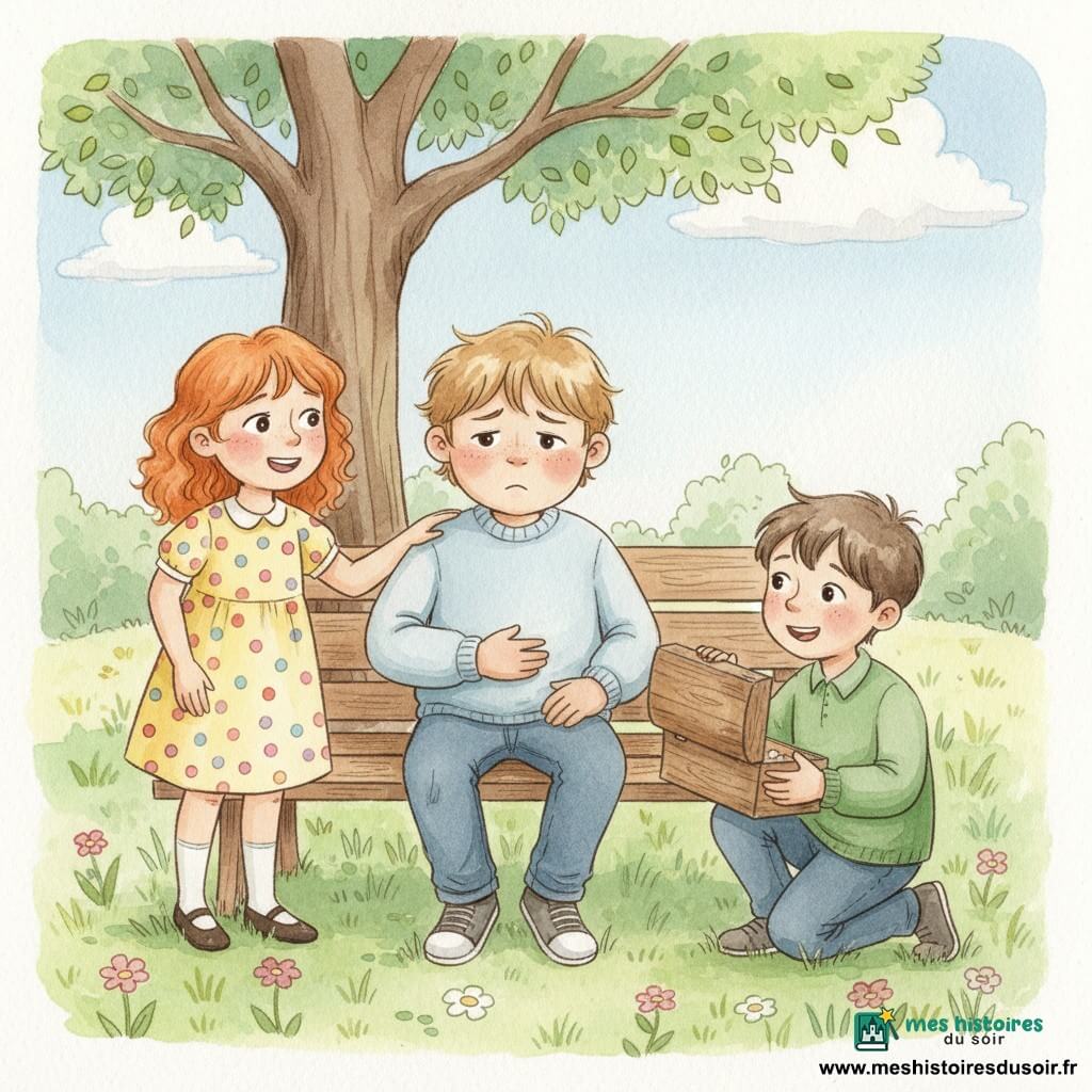 Garçon de 8 ans au visage rond et cheveux châtain clair en bataille, main sur le ventre et expression soucieuse mais rassurée, pull bleu pâle et jean, assis sur un banc ; à sa gauche Emma, 7 ans, cheveux bouclés roux et sourire encourageant, main sur son épaule, robe jaune à pois ; à sa droite Max, 8 ans, cheveux bruns courts, accroupi et tenant une vieille boîte en bois ouverte, excité mais attentif, chemise verte ; parc à pelouse verte et fleurs sauvages roses et blanches, grand arbre derrière, ciel bleu pâle et lumière douce du matin ; scène de réconfort et d’amitié après un petit mal de ventre, atmosphère calme et chaleureuse, palette aquarelle douce avec contours légers et textures de papier visibles.