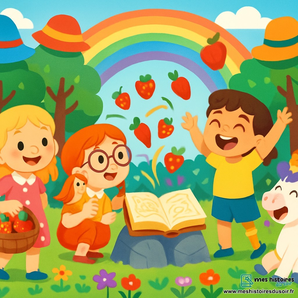 Quatre personnages se trouvent dans la Forêt des Chapeaux Virevoltants : Mimi, une petite fille de 6 ans avec des cheveux blonds et une robe rose à pois blancs, sourit en tenant un panier de fraises ; Lila, espiègle avec des tresses rousses et des lunettes rondes, parle à un oiseau sur son épaule ; Zoé, avec un sourire malicieux et une prothèse dorée à la jambe, rit les bras levés ; et Zazou, une licorne maladroite avec une crinière violette, est assise sur l'herbe en riant avec les enfants. Ils découvrent ensemble le Grand Livre des Charmes, coincé entre deux pierres chantantes qui émettent une mélodie joyeuse, tandis que des fraises et des poivrons apparaissent autour d'eux dans un tourbillon de couleurs.