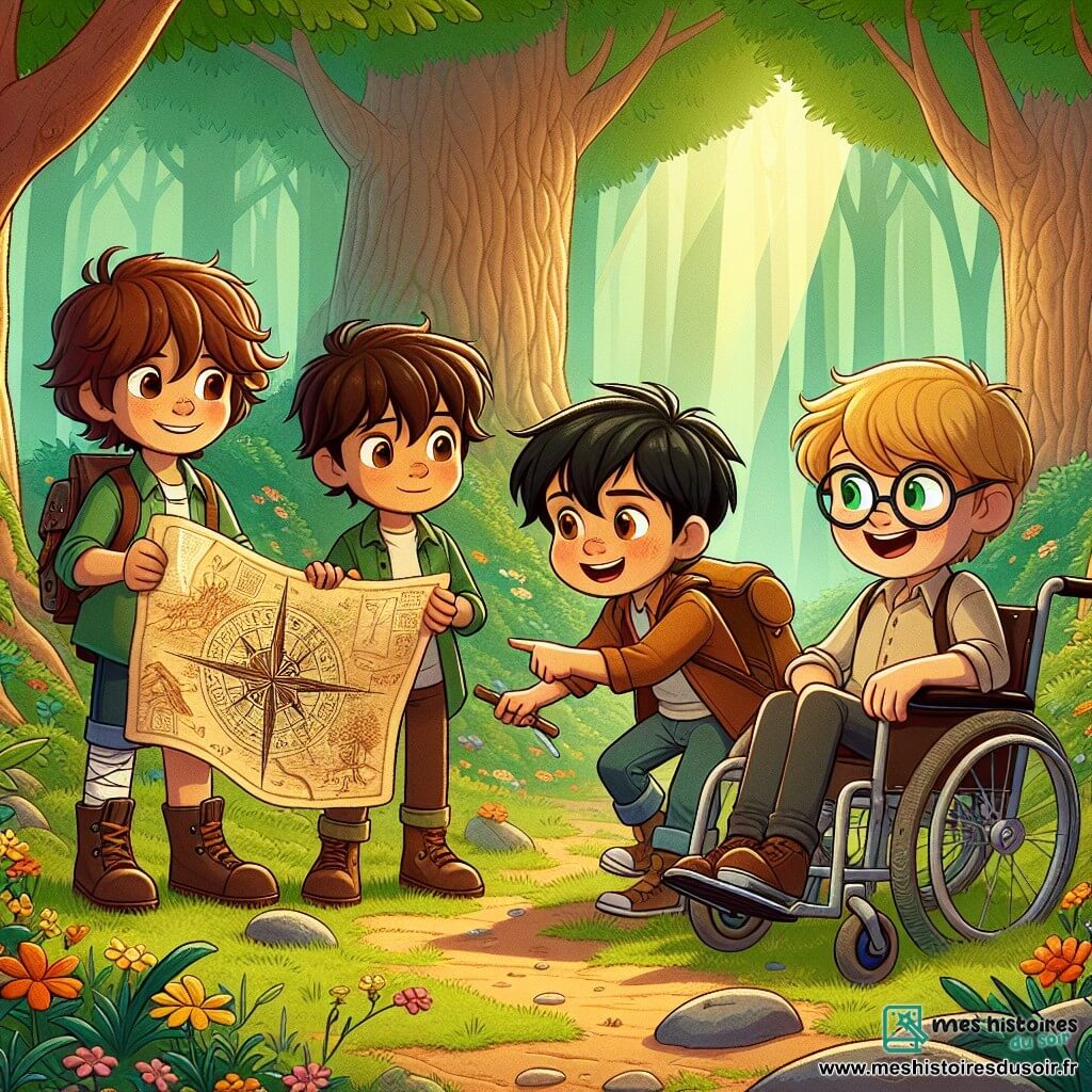 Dans une clairière enchantée, quatre aventuriers se tiennent prêts à découvrir un trésor. Lucas, 12 ans, montre une carte mystérieuse. Sam, également 12 ans, observe la carte avec curiosité. Max, 12 ans, rit en étant assis sur une pierre. Hugo, 12 ans en fauteuil roulant, regarde ses amis avec fierté. La clairière est entourée de grands arbres et de fleurs colorées, baignée par un rayon de soleil. Les amis préparent leur aventure, examinant la carte qui les mènera vers un trésor caché, remplis d'excitation et de détermination.