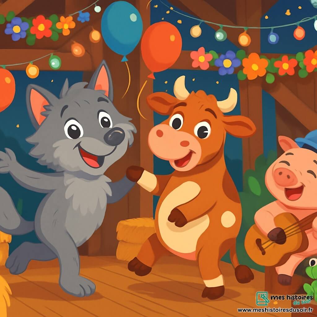 Un loup gris aux poils doux danse joyeusement dans une grange décorée de guirlandes de fleurs. À ses côtés, Marguerite, une vache rousse souriante, fait des pas de tango. Gaston, un cochon rose avec un chapeau amusant, joue de la guitare, tandis que des grenouilles vertes jouent une mélodie. La grange est remplie de ballons et de lumières scintillantes, créant une ambiance festive. La scène illustre la fête des animaux, où chacun s'amuse sous un ciel étoilé, symbolisant l'amitié et la joie partagée.