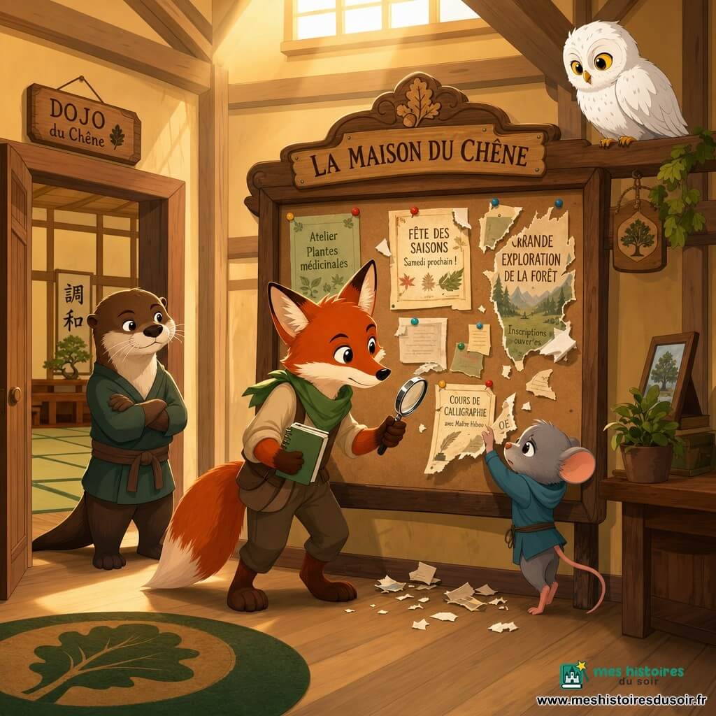 Silex, renard anthropomorphe au pelage roux et aux yeux malicieux, est debout au centre, déterminé et bienveillant, tenant un petit carnet vert et une loupe devant un grand tableau d'affichage en bois ; Pique, petite souris grise timide et coupable, collée au tableau tient un morceau d'affiche déchiré ; Nori, loutre brune aux bras croisés, surveille protectrice près d'une porte de dojo ouverte ; Sélène, chouette blanche aux yeux dorés, est perchée sur une poutre à droite ; la Maison du Chêne est un hall en bois clair avec punaises colorées, affiches déchirées et miettes de papier, éclairé par une lumière chaude venant d'une fenêtre haute, scène nocturne de découverte résolue, ambiance douce et chaleureuse en style vectoriel aux contours nets.