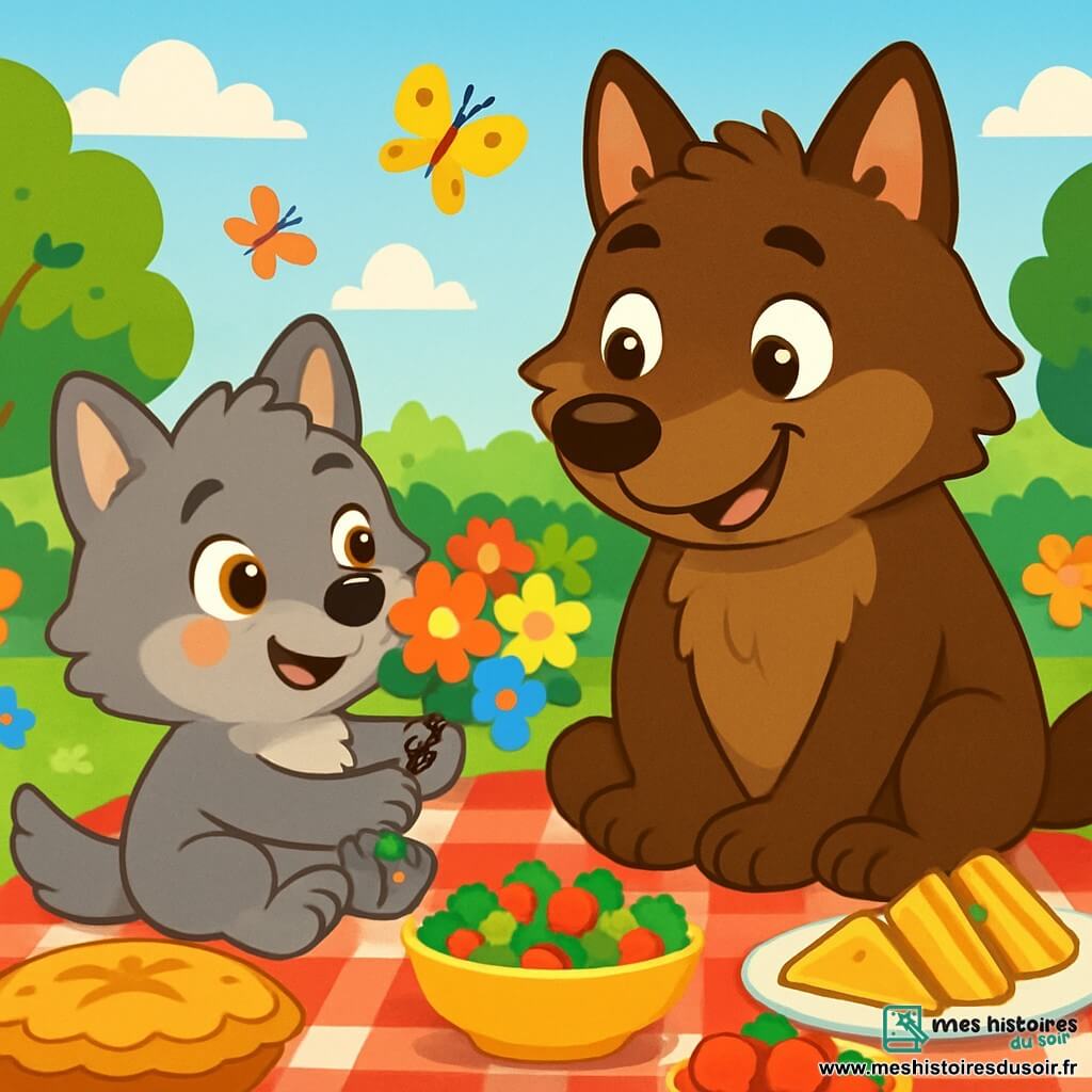 Loulou, un petit loup aux yeux dorés et au pelage doux et gris, est assis sur une grande couverture à carreaux rouges et blancs dans le jardin, souriant et tenant un bouquet de fleurs colorées. À côté de lui, Papa Loup, un grand loup brun aux yeux affectueux, le regarde avec un sourire chaleureux, assis en tailleur parmi des plats de pique-nique. Le jardin est rempli de fleurs éclatantes, de papillons et d'un ciel bleu clair. Loulou et Papa Loup profitent d'un pique-nique surprise pour la fête des pères, entourés de mets savoureux et de fleurs.