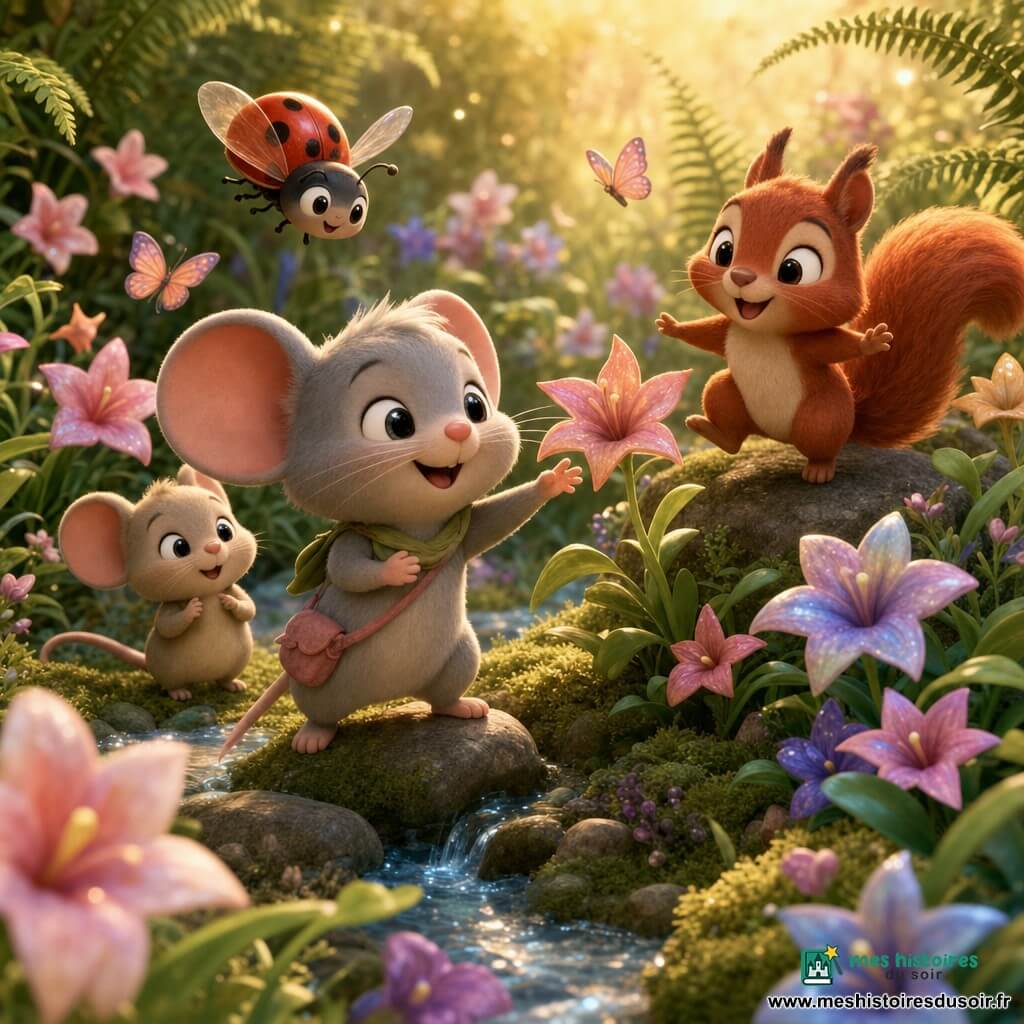 Miette, petite souris grise au visage rond et oreilles roses, tend une patte vers une fleur en souriant; Louna, coccinelle rouge à pois noirs, vole au-dessus d'elle; Petit Chêne, écureuil roux à grosse queue, saute sur une pierre; Filou, mulot timide, se tient derrière, curieux; ils découvrent un jardin secret caché derrière des fougères avec fleurs multicolores, ruisseau scintillant, mousses et papillons; scène matinale chaleureuse en couleurs pastel, textures veloutées, style figurines 3D mignonnes, éclairage doux et arrière-plan légèrement flou.