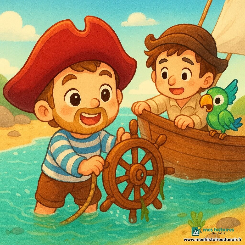 Le capitaine Léon Barbeclaire (~35 ans) souriant et déterminé, grand chapeau rouge, chemise rayée bleu et blanc, pantalon brun court et petite barbe claire, est à moitié dans l’eau turquoise en train de tirer vigoureusement un gouvernail en bois couvert d’algues; un marin d’environ 40–45 ans, cheveux en bataille et chapeau de travers, aide depuis le petit voilier bois, une main sur le bastingage; Jacquot le perroquet coloré (vert, bleu, touche de jaune) est perché sur le bastingage, excité et pointant le gouvernail du bec; scène sur une plage près du rivage avec eau claire, algues et poissons visibles, rochers arrondis, sable doré et ciel lumineux; composition centrée, couleurs vives, textures bois grainées, gouttes d’eau scintillantes, style chibi kawaii mignon, lumière chaude de milieu de matinée et cadrage légèrement en plongée.