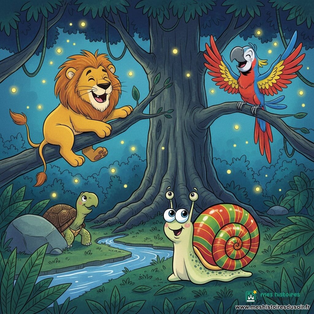 Gaston, un escargot souriant aux yeux ronds et coquille rayée rouge, jaune et vert, avance émerveillé; au-dessus, le perroquet Coco, plumes vives bleu, rouge et vert, cligne de l’œil et rit en agitant ses ailes; à gauche, le lion joueur Léon, pelage doré, vacille sur une grosse branche prêt à tomber en riant; près d’un ruisseau, la tortue coquine Henriette, carapace tachetée marron et verte, se cache partiellement derrière une pierre; la scène se déroule dans une jungle nocturne du zoo, sol couvert de feuilles, lucioles scintillantes et un grand arbre aux racines apparentes, ambiance douce, couleurs saturées et traits ronds pour une partie de cache-cache joyeuse.