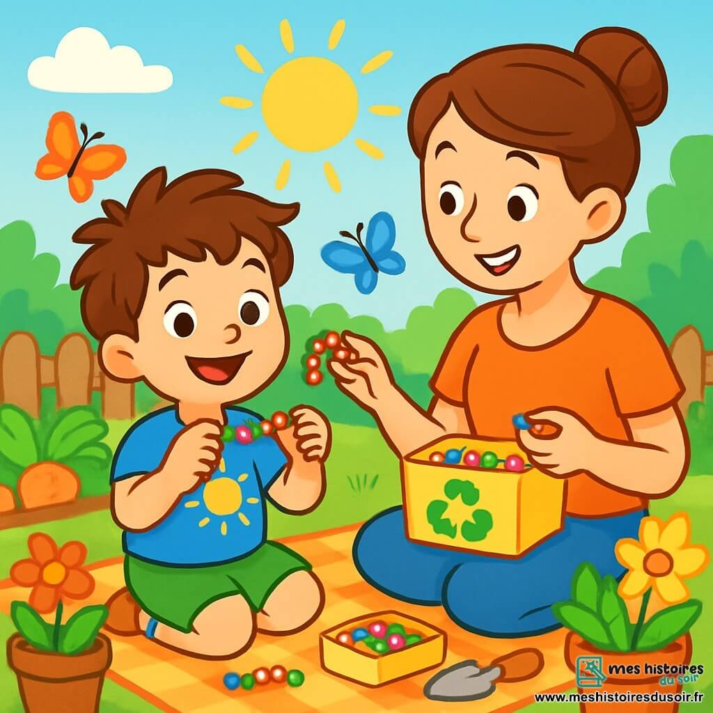 Léo, un garçon de 6 ans aux cheveux bruns en bataille et aux yeux curieux, sourit en tenant un bracelet coloré fait de perles. Il porte un t-shirt bleu avec un motif de soleil et un short vert. Sa maman, une femme d'une trentaine d'années avec des cheveux châtains en chignon, l'encourage en tenant des perles dans une boîte. Ils sont dans un jardin ensoleillé rempli de fleurs et de légumes, entourés de pots de fleurs et d'outils de jardinage, assis sur une couverture à carreaux. Ils créent des bracelets en perles recyclées tout en discutant de l'importance de protéger la planète et de recycler.
