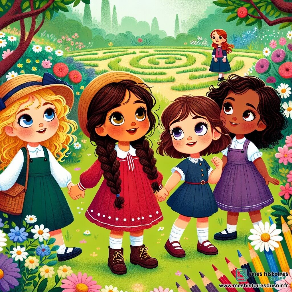 Dans un jardin enchanté, quatre petites filles se tiennent main dans la main, rayonnantes de joie. Lila, cinq ans, avec des cheveux bruns et une robe rouge à pois blancs, regarde le ciel avec émerveillement. À sa gauche, Ana, également cinq ans, a des cheveux blonds tressés et porte une tunique verte et un short en jean. Sam, une autre fille de cinq ans avec des cheveux bouclés châtains et des lunettes rondes, porte une robe bleue et tient des crayons de couleur. Enfin, Zoé, avec des cheveux noirs et une robe violette, scrute un labyrinthe de fleurs. Le jardin est magique, rempli de fleurs multicolores et d'arbres scintillants. Les quatre amies découvrent le Jardin des Étoiles et s'engagent dans une quête pour comprendre la vérité de leurs rêves, émerveillées par les fleurs chantantes et prêtes à écouter leur cœur pour réaliser leurs souhaits.