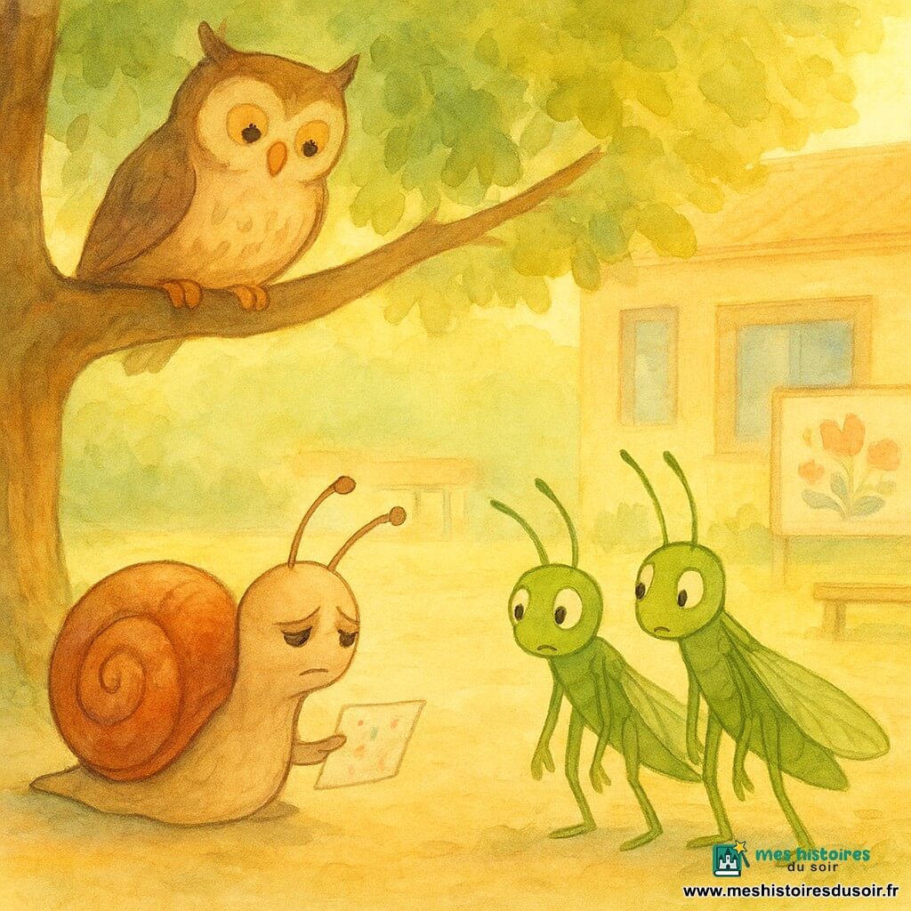 Lino, un petit escargot au dos brillant et aux antennes délicates, est assis sous un grand chêne, avec une expression triste mais déterminée, tenant un petit mot coloré dans sa coquille. Niki, une sauterelle verte aux ailes translucides, se tient à quelques pas, surprise, tenant le mot que Lino lui a donné. Piko, une autre sauterelle, est à côté de Niki, regardant Lino avec curiosité et regret. Maîtresse Plume, une chouette au plumage doux et aux yeux bienveillants, observe depuis une branche basse du chêne, un sourire encourageant sur le visage. La cour de l'école est baignée de lumière dorée, avec des bancs en bois et des tableaux peints de fleurs colorées. La scène principale montre Lino tendant son mot à Niki, un geste simple mais puissant, dans une atmosphère de réconciliation et de compréhension.