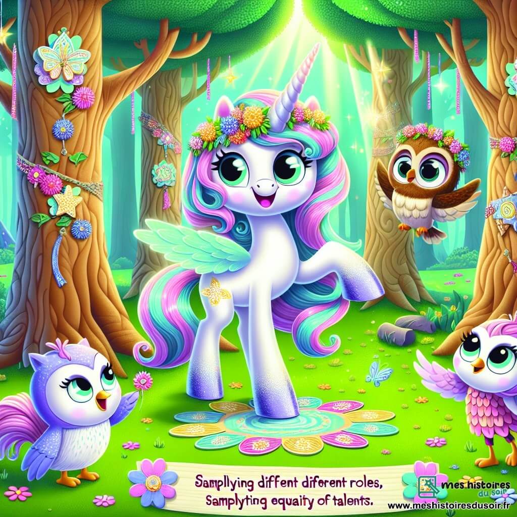 Au centre de la scène, une licorne nommée Luna se tient fièrement, ses crins pastel flottant au vent. Elle sourit, ses yeux pétillants de joie, invitant ses amis à un festival de talents. À sa droite, Mira, une petite fée aux ailes scintillantes, vole avec enthousiasme, portant une robe de pétales colorés et préparant des décorations. À gauche, un hibou sage observe la scène, prêt à partager ses conseils. Le lieu est la Clairière des Merveilles, entourée de grands arbres avec des guirlandes de fleurs. Luna et ses amis préparent le festival, célébrant l'égalité des talents et l'harmonie dans la forêt enchantée.
