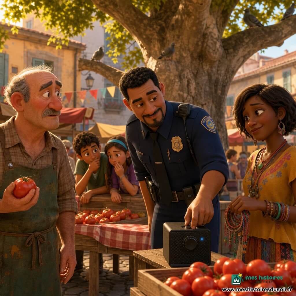Au marché des Tilleuls en fin d'après-midi dorée, une médiation calme : un policier souriant la quarantaine en uniforme bleu marine baisse le volume d'une enceinte, Naya, jeune femme aux cheveux courts tient des bracelets et regarde la foule, M. Lenoir, sexagénaire en tablier terreux tient une tomate, et deux enfants d'environ 11 ans observent derrière le stand, tandis que stands en bois, nappes à carreaux et cagettes de tomates créent une ambiance chaleureuse.