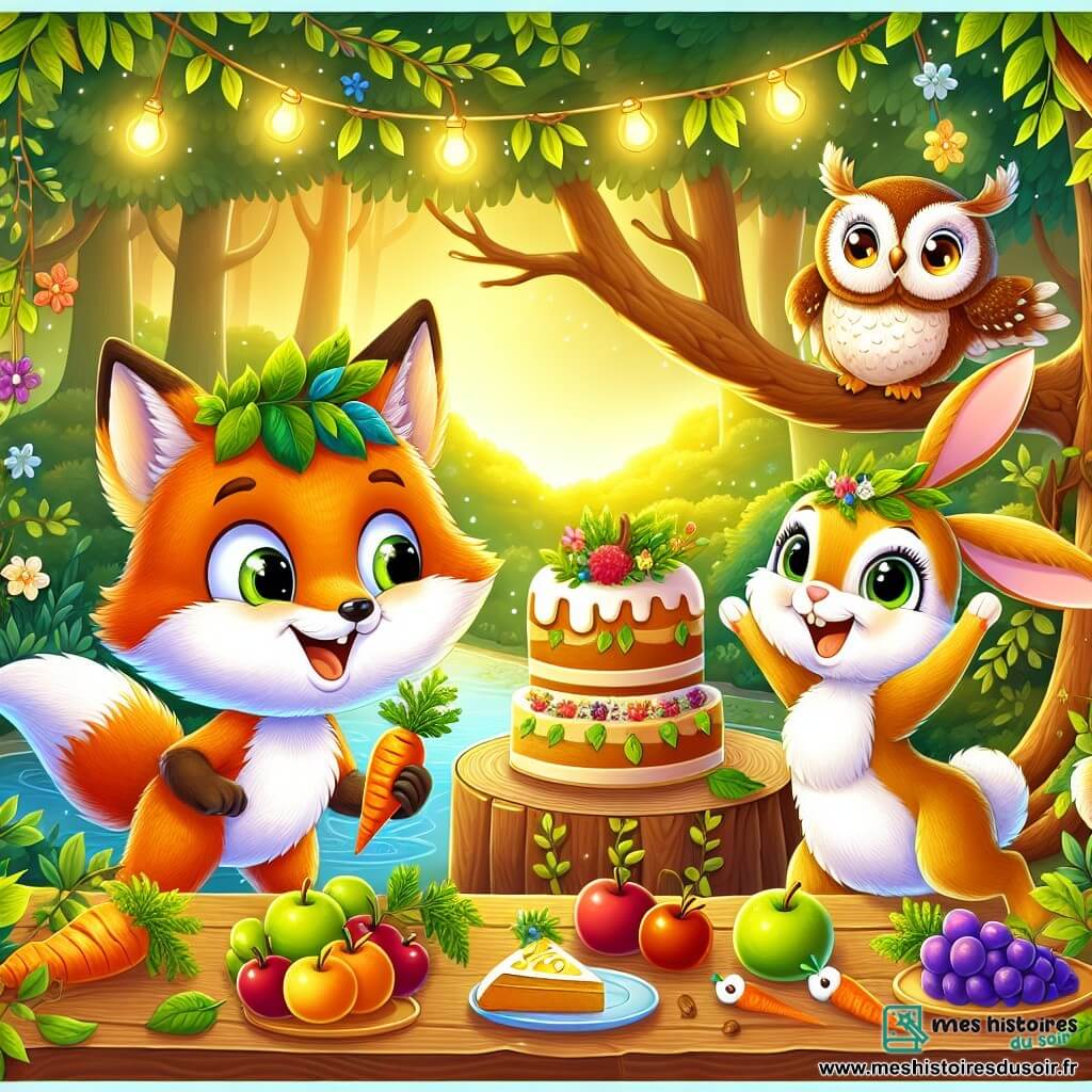 Illustration d'un renard au pelage flamboyant, aux yeux pétillants et portant un petit chapeau de feuilles, souriant joyeusement près d'une grande table garnie de fruits et de gâteaux pour une fête avec ses amis. À ses côtés, une lapine aux grandes oreilles, bondissant de joie avec une carotte dans les pattes, prête à partager. Un hibou sage, perché au-dessus, observe avec bienveillance et amusement, prêt à chanter. Le décor est une forêt verdoyante, baignée de lumière dorée, avec des arbres majestueux, un ruisseau scintillant et des guirlandes de fleurs colorées, créant une atmosphère festive. La scène montre le renard et ses amis célébrant leur amitié, entourés de rires et de jeux, tandis que des lucioles illuminent le tout et que des animaux de la forêt se rassemblent autour de la table.