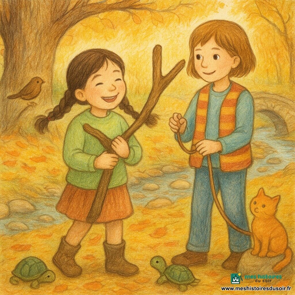 Lila, 6 ans, joyeuse et concentrée, tresses brunes bougeant, bottines roses boueuses et pull vert clair, tient contre sa poitrine une branche en Y avec douceur et fierté; Nina, ~8 ans, souriante et attentive, cheveux courts châtain clair, gilet rayé et jeans, tient l’autre extrémité d’une corde attachée à la perche, se tenant un peu en arrière; un petit oiseau brun sur une branche basse, un chat orange sur une pierre et une tortue au sol observent près des pieds des filles; scène à la lisière d’une clairière sous un vieux chêne à l’écorce rugueuse, tapis de feuilles jaunes et rouges, petit ruisseau avec cailloux polis et pont de pierres en arrière-plan, lumière dorée du soir filtrant à travers les feuilles; moment de succès calme et chaleureux après avoir décroché la branche en Y ensemble, expressions de fierté et de douceur, composition centrée, couleurs chaudes, traits doux et textures de crayon visibles.
