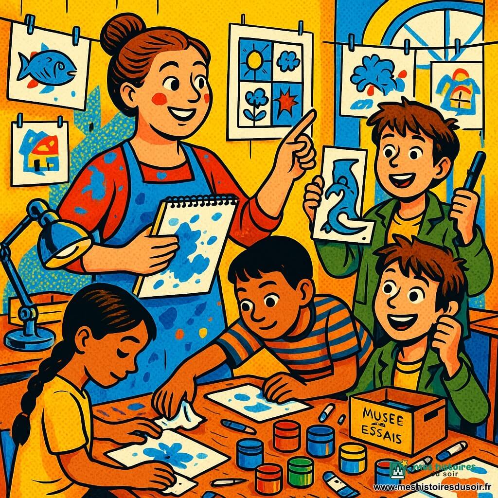 Lina, souriante mais concentrée, visage rond taché de peinture, cheveux châtain en chignon et tablier bleu tâché, tient un grand carnet spiralé et montre une case de BD accrochée au mur. À sa gauche, Malik, ~12 ans, cheveux courts noirs et t‑shirt rayé, penche vers la table pour attraper une feuille froissée. Près d’une corde d’exposition, Hugo, ~11 ans, cheveux en bataille et veste kaki, tient un feutre épais et montre fièrement un dessin de dragon marqué d’une large cicatrice noire sur l’aile. Au premier plan, Inès, ~10 ans, longue natte et robe jaune, essuie une tache d’eau pour révéler des pétales translucides. L’atelier est une grande pièce lumineuse avec une fenêtre haute, murs couverts de dessins accrochés, une grande table en bois remplie de pots de peinture, pinceaux, tubes de gouache, une lampe articulée en métal et une boîte marquée « Musée des essais ». Lina guide les enfants dans un exercice de transformation des « ratés » en éléments beaux et surprenants ; la table est couverte de feuilles tachées, raturées et collées, et une petite galerie improvisée d’œuvres se détache en arrière‑plan.