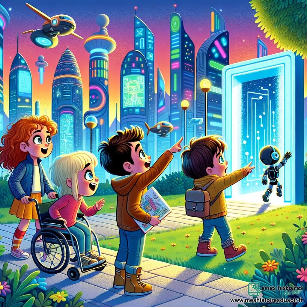 Dans un parc futuriste, quatre amis se retrouvent. Léo, 6 ans, aux cheveux bruns en bataille, pointe une porte brillante cachée derrière des buissons. À sa droite, Tom, 6 ans, aux cheveux blonds, saute d'excitation. À gauche, Mia, 6 ans, avec des cheveux longs et bouclés, tient un carnet de dessin. Jules, 6 ans en fauteuil roulant, regarde avec émerveillement. Le lieu est Technoville, une ville futuriste avec des bâtiments colorés et des néons scintillants. Des robots flottent et des véhicules autonomes circulent sur des routes lumineuses. Les enfants découvrent la porte mystérieuse, fascinés par la promesse d'une aventure incroyable. Léo, déterminé, s'apprête à toucher la porte, tandis que ses amis, excités et curieux, sont prêts à entrer dans un monde magique rempli de technologies étonnantes.