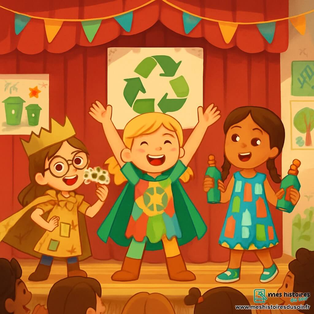 Il y a trois personnages : Léa, une fille de 10 ans aux cheveux dorés et aux yeux pétillants, habillée en super-héroïne du recyclage avec un costume coloré, se tient au centre, souriante et confiante. Emma, 9 ans, avec des cheveux bruns et des lunettes rondes, est à gauche de Léa en Reine du Carton, tenant un masque en boîtes d'œufs. Chloé, 10 ans, avec des cheveux châtains et des tresses, se trouve à droite de Léa en robe de bouteilles recyclées, prête à lancer un projectile de nettoyage. L'action se déroule dans un auditorium scolaire décoré de guirlandes et de dessins sur le recyclage, où les trois filles présentent leur pièce de théâtre en chantant, devant une foule d'élèves et de parents applaudissant, avec un panneau affichant : "Soyons des héros du recyclage !"