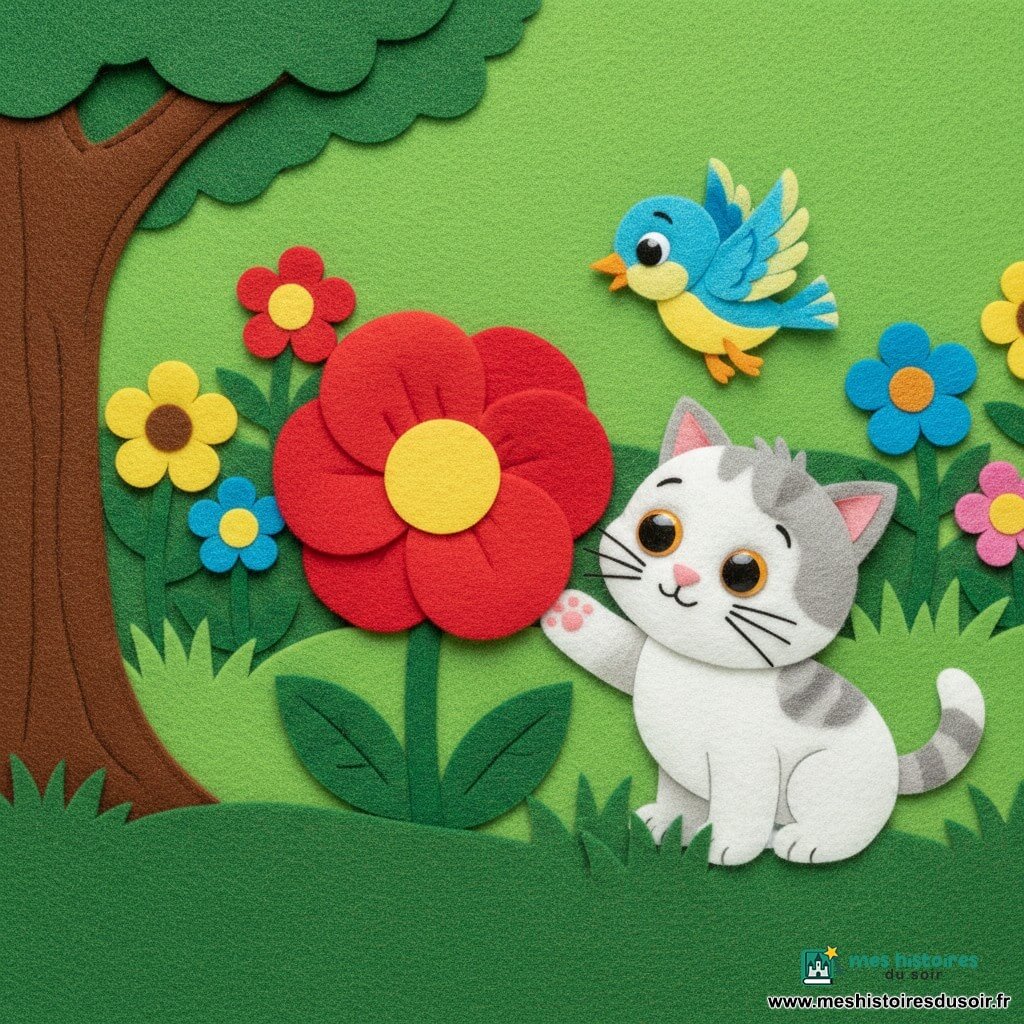 Minou, petit chat au pelage doux blanc et gris et aux yeux ambrés, tend la patte vers une grande fleur rouge à pétales ronds; Pip, petit oiseau bleu et jaune, vole juste au‑dessus en air amical; jardin en tapis de feutrine verte avec un tronc d'arbre à gauche et fleurs en arrière‑plan; scène douce et pédagogique où Minou s'arrête par curiosité et Pip l'avertit de ne pas cueillir la fleur, couleurs vives et formes simples pour tout‑petits.