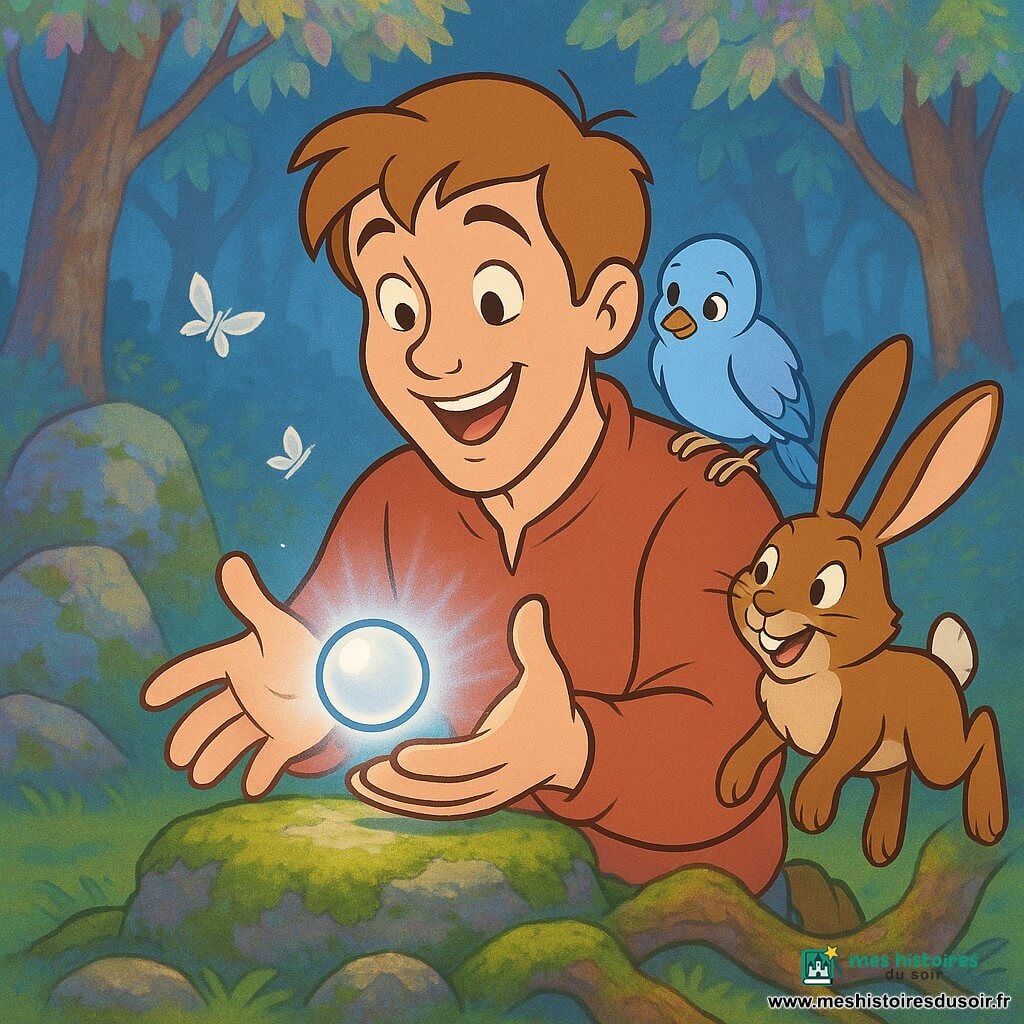 Jeune homme au visage rond et souriant, cheveux châtain clair en mèches, tient une perle lumineuse blanc-argenté; un lièvre brun aux grandes oreilles bondit à sa droite près d'une racine moussue, regard tourné vers la perle; un petit oiseau bleu clair perché sur son épaule gauche, plumage soyeux et regard curieux; clairière circulaire couverte d'une mousse verte épaisse, pierres anciennes lichénifiées, arbres aux feuilles miroitantes reflétant des tons pastel, papillons de nuit translucides tournoyant autour de la perle; lumière argentée émanant de la perle éclairant les visages, contraste chaud-froid avec les ombres bleutées de la forêt; ambiance féérique et paisible; scène centrée montrant l'homme découvrant et partageant le Cœur-Lumière posé sur une pierre moussue, style dessin animé années 90, couleurs pastel saturées, traits nets et silhouette simple.