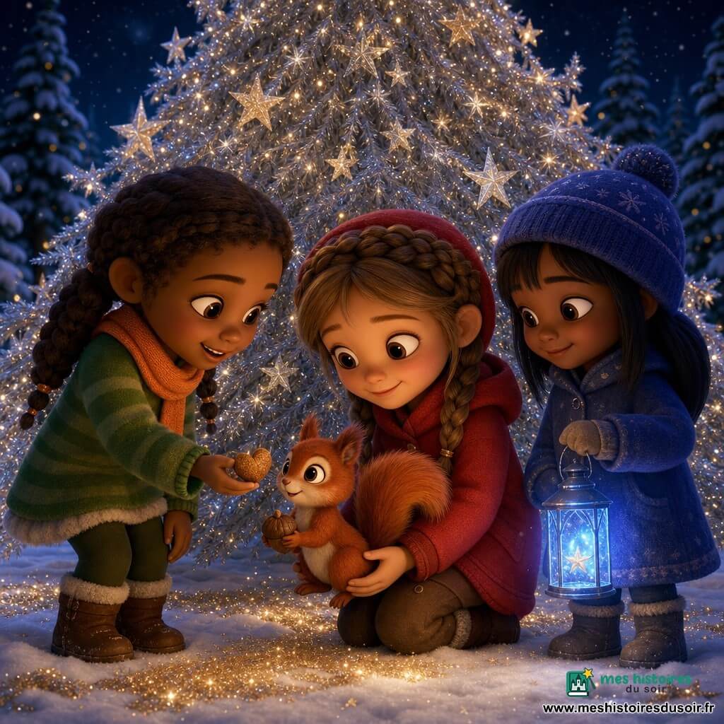 Quatre personnages dans une clairière enneigée sous un immense sapin décoré d'étoiles argentées : Lilou, ~8 ans, cheveux châtain clair en couronne de tresses, manteau rouge à capuche et bottes fourrées, accroupie tenant un petit écureuil roux au regard reconnaissant et queue touffue ; Zoé, ~7 ans, cheveux bruns en nattes, pull vert rayé et écharpe orange, à gauche, souriante, tendant une noisette en forme de cœur ; Jade, ~6 ans, cheveux noirs lisses, manteau bleu nuit et bonnet à pompon, à droite, tenant une lanterne bleue qui éclaire les visages; ambiance nocturne de Noël chaleureuse et magique avec neige, halos bleutés de la lanterne, branches lourdes de neige et quelques paillettes dorées sur le sol.