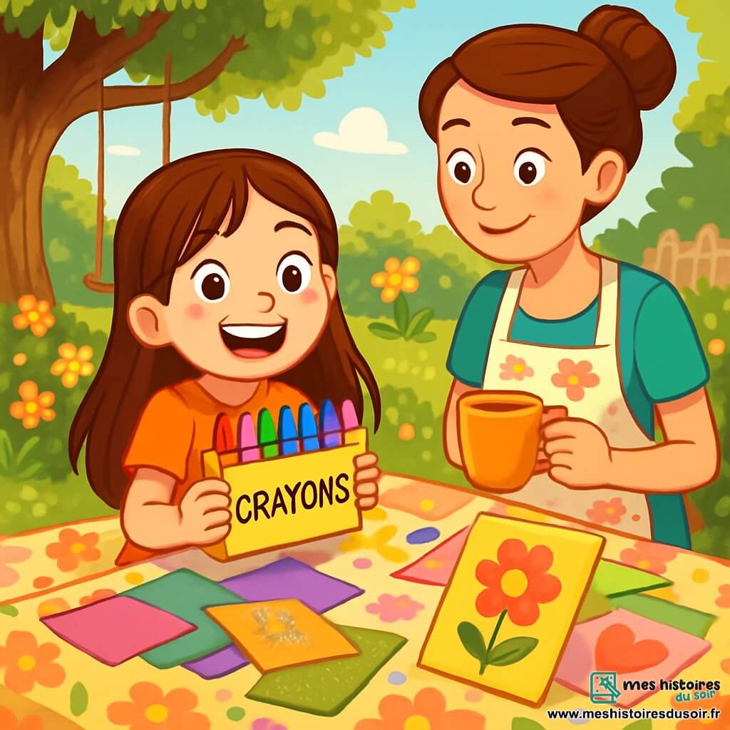 Une petite fille de 8 ans, Léa, avec de longs cheveux bruns et des taches de rousseur, sourit en tenant une boîte de crayons colorés. Elle est assise sur une nappe à fleurs, entourée de papiers colorés et de cartes faites main. À côté d'elle, sa maman, une femme d'environ 30 ans avec des cheveux châtains en chignon, la regarde avec tendresse, souriant fièrement. Le décor est un jardin ensoleillé avec des fleurs éclatantes et une balançoire en bois. Léa prépare des cartes pour la fête des mères, encouragée par le regard aimant de sa maman.