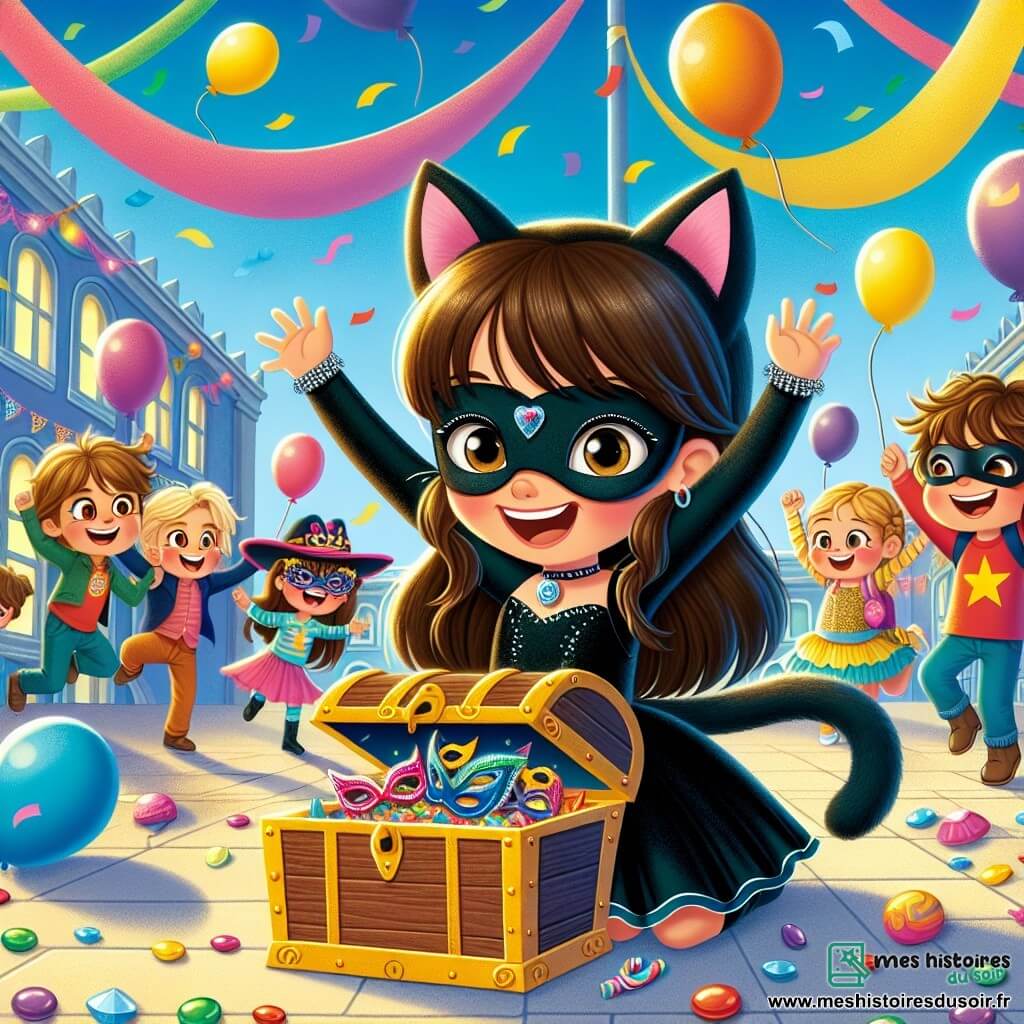 Lila, une petite fille de 8 ans avec de longs cheveux bruns, porte un costume de chat noir et sourit en tenant un coffre en bois décoré de pierres précieuses. À côté d'elle, Max, un garçon de 9 ans aux cheveux blonds en bataille et portant un masque de super héros rouge, saute de joie. Zoé, une fille de 8 ans avec des tresses et un chapeau étincelant, danse autour d'eux en riant. La scène se déroule dans la cour d'une école décorée de guirlandes et de ballons, sous un ciel bleu ensoleillé. Les enfants ont découvert un coffre mystérieux rempli de masques de carnaval et de bonbons, célébrant leur trésor avec des rires et des danses.
